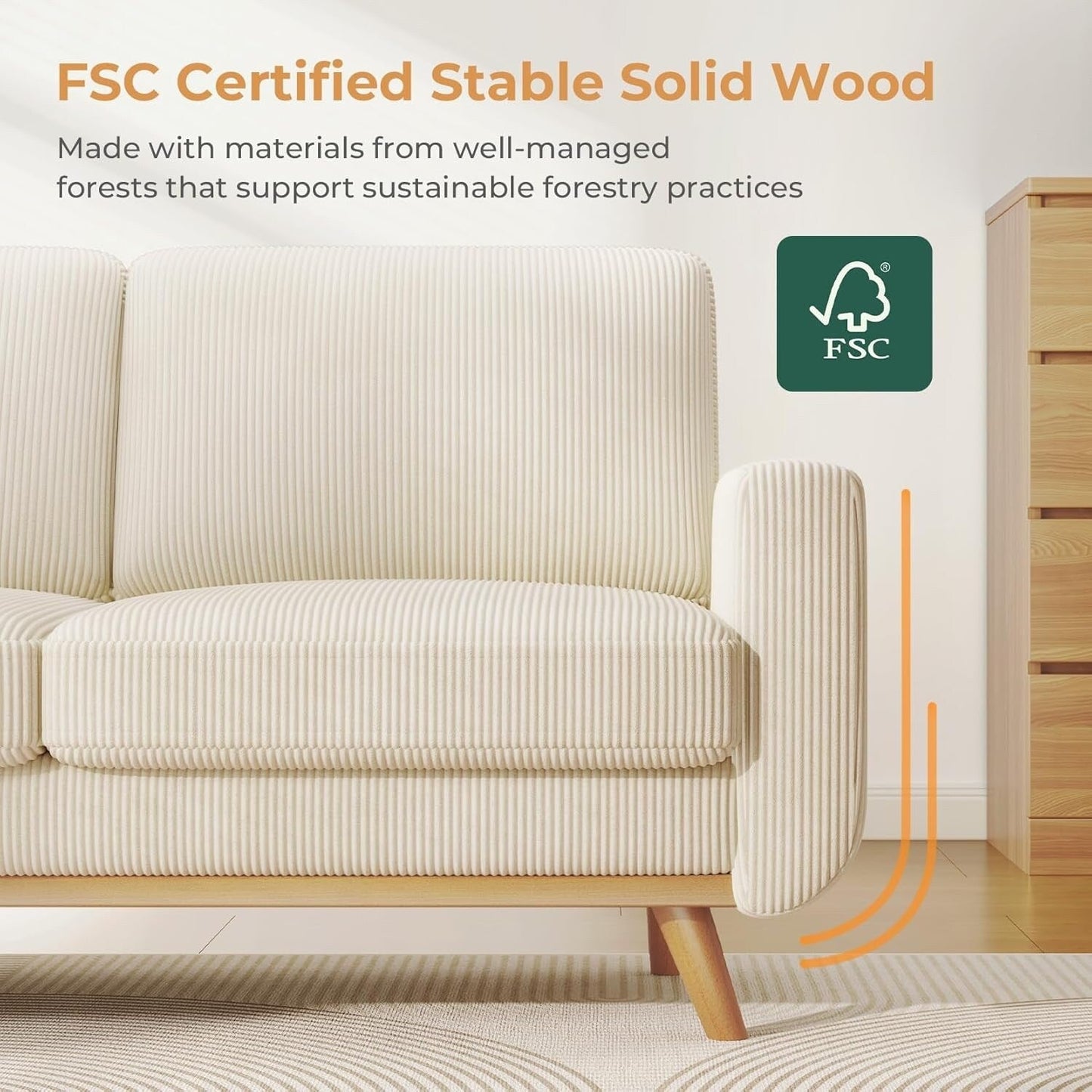 Canapé causeuse en velours côtelé vert 68 po - Coussin à ressorts confortable et cadre en bois massif, assise profonde et moderne pour salon et bureau