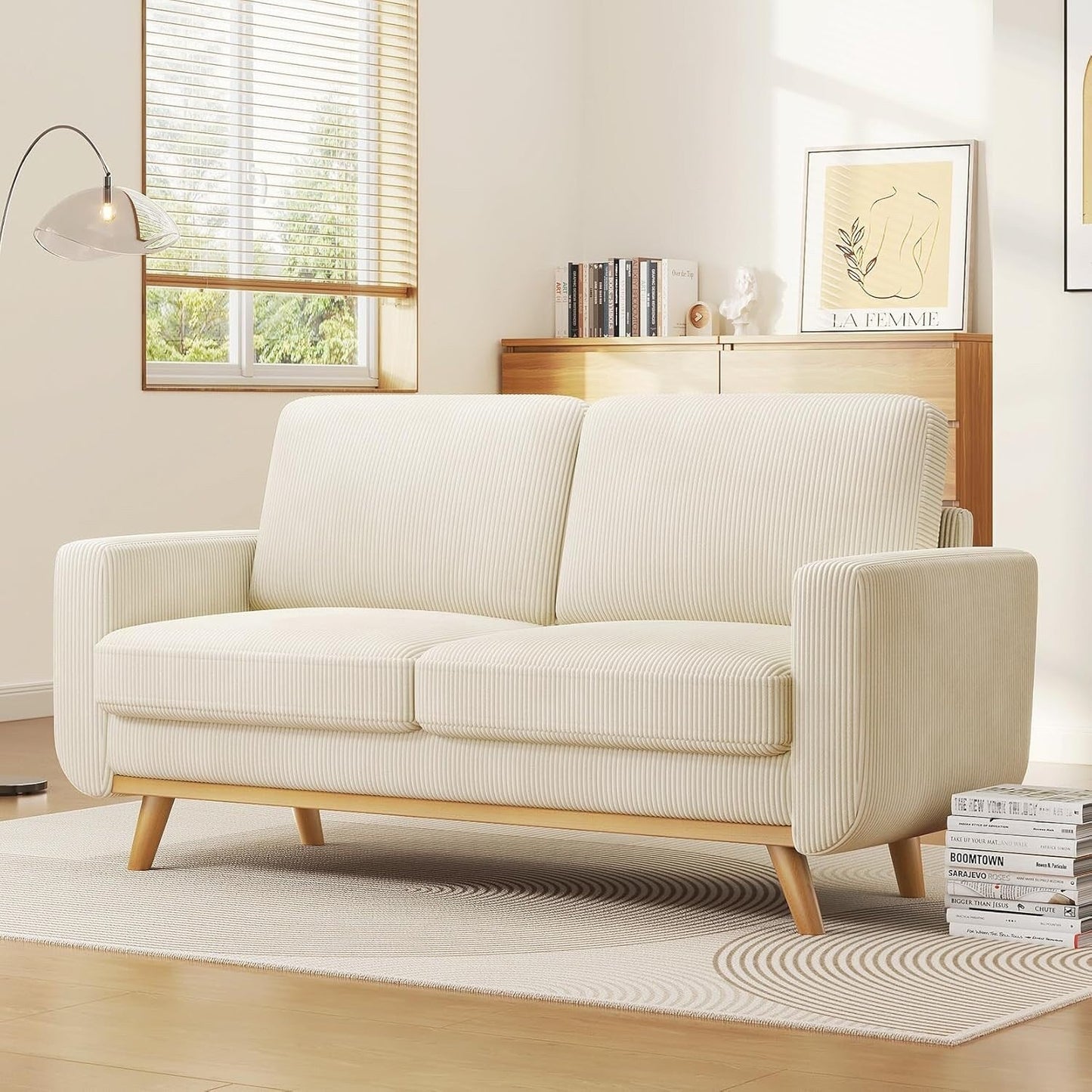 Canapé causeuse en velours côtelé vert 68 po - Coussin à ressorts confortable et cadre en bois massif, assise profonde et moderne pour salon et bureau