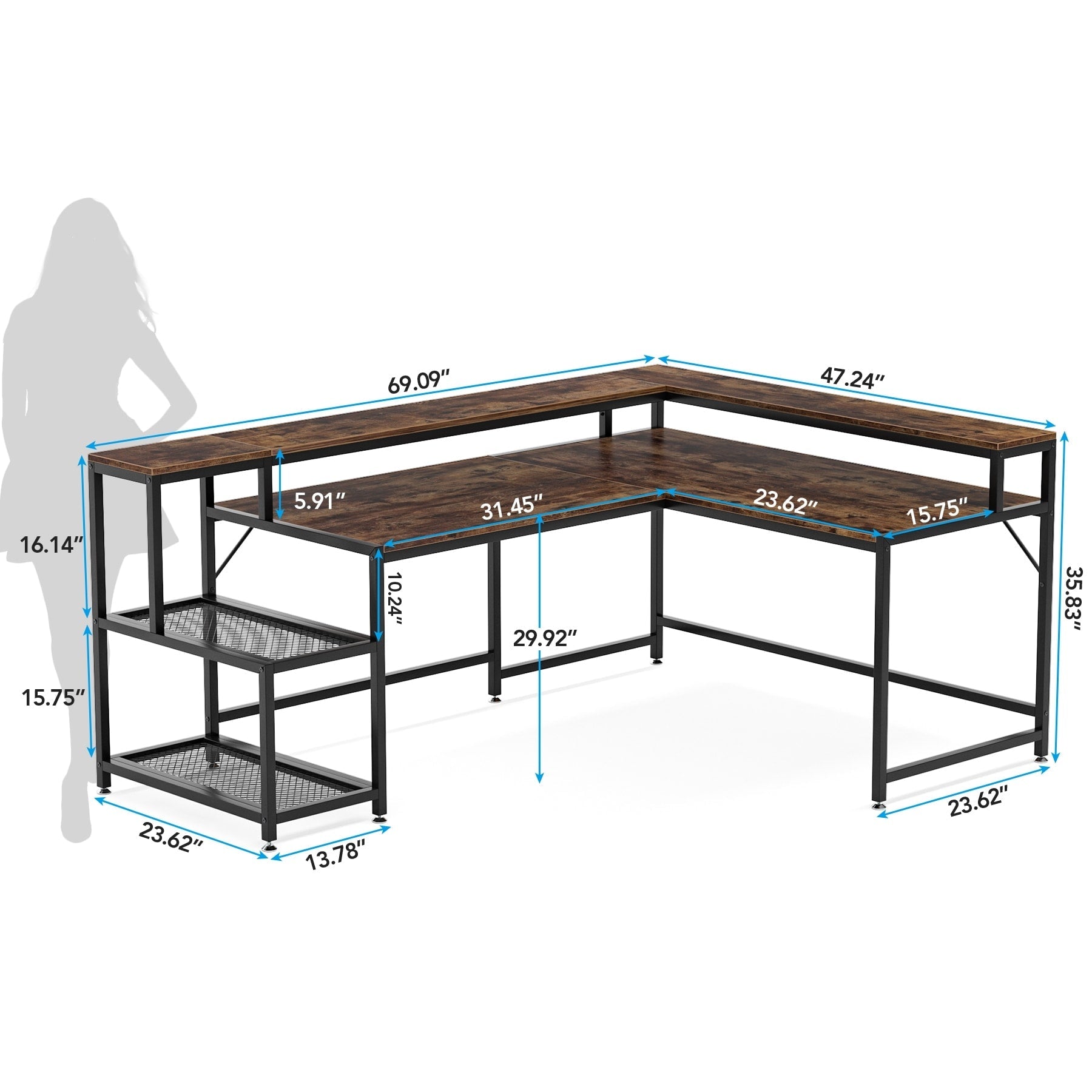Bureau en L avec étagère pour écran, bureau d'angle réversible pour bureau à domicile 69