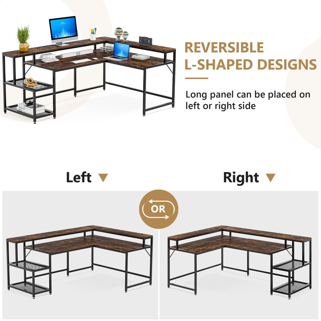 Bureau en L avec étagère pour écran, bureau d'angle réversible pour bureau à domicile 69