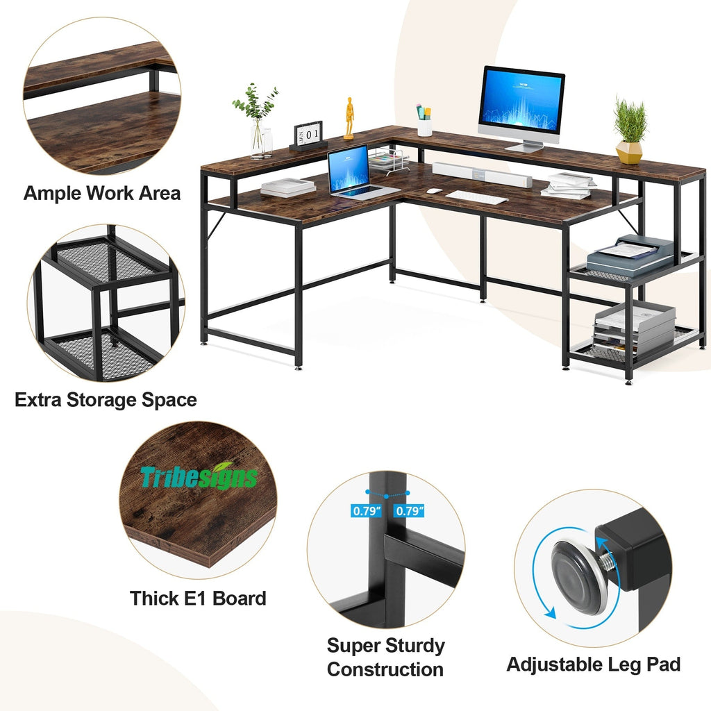 Bureau en L avec étagère pour écran, bureau d'angle réversible pour bureau à domicile 69