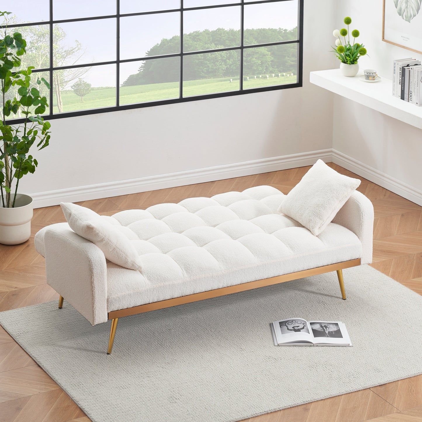 Canapé-lit beige de 175 cm avec canapé Teddy réglable pour petits espaces, salon et chambre à coucher