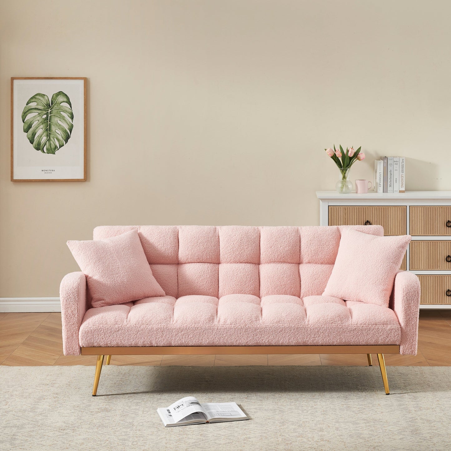 Canapé-lit rose de 175 cm avec canapé Teddy réglable pour petits espaces, salon et chambre à coucher