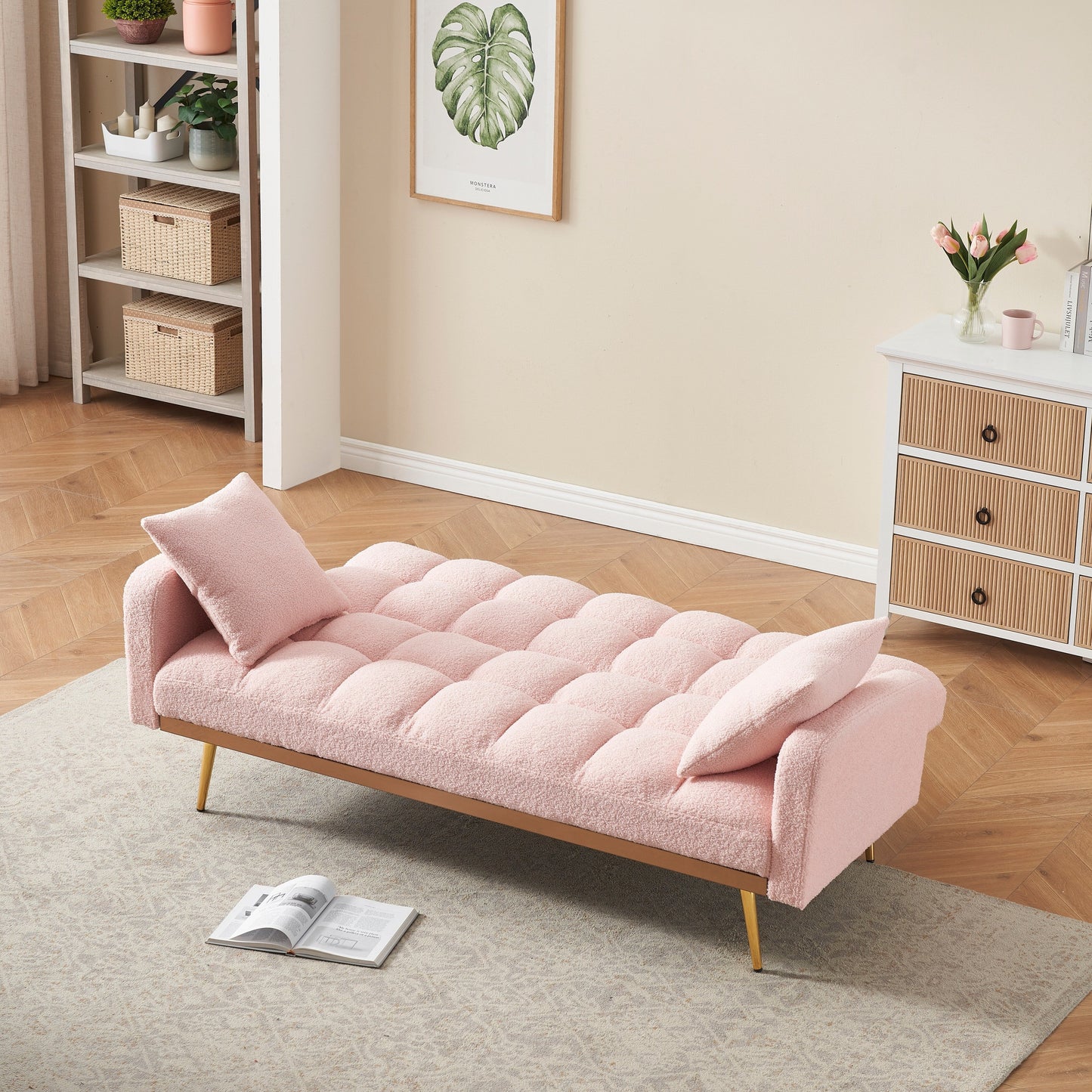 Canapé-lit rose de 175 cm avec canapé Teddy réglable pour petits espaces, salon et chambre à coucher