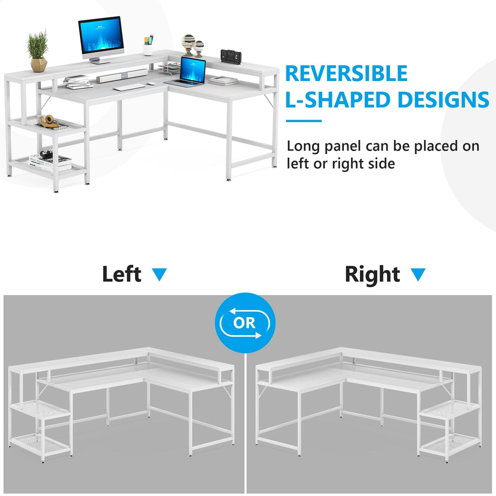 Bureau en L avec étagère pour écran, bureau d'angle réversible pour bureau à domicile 69