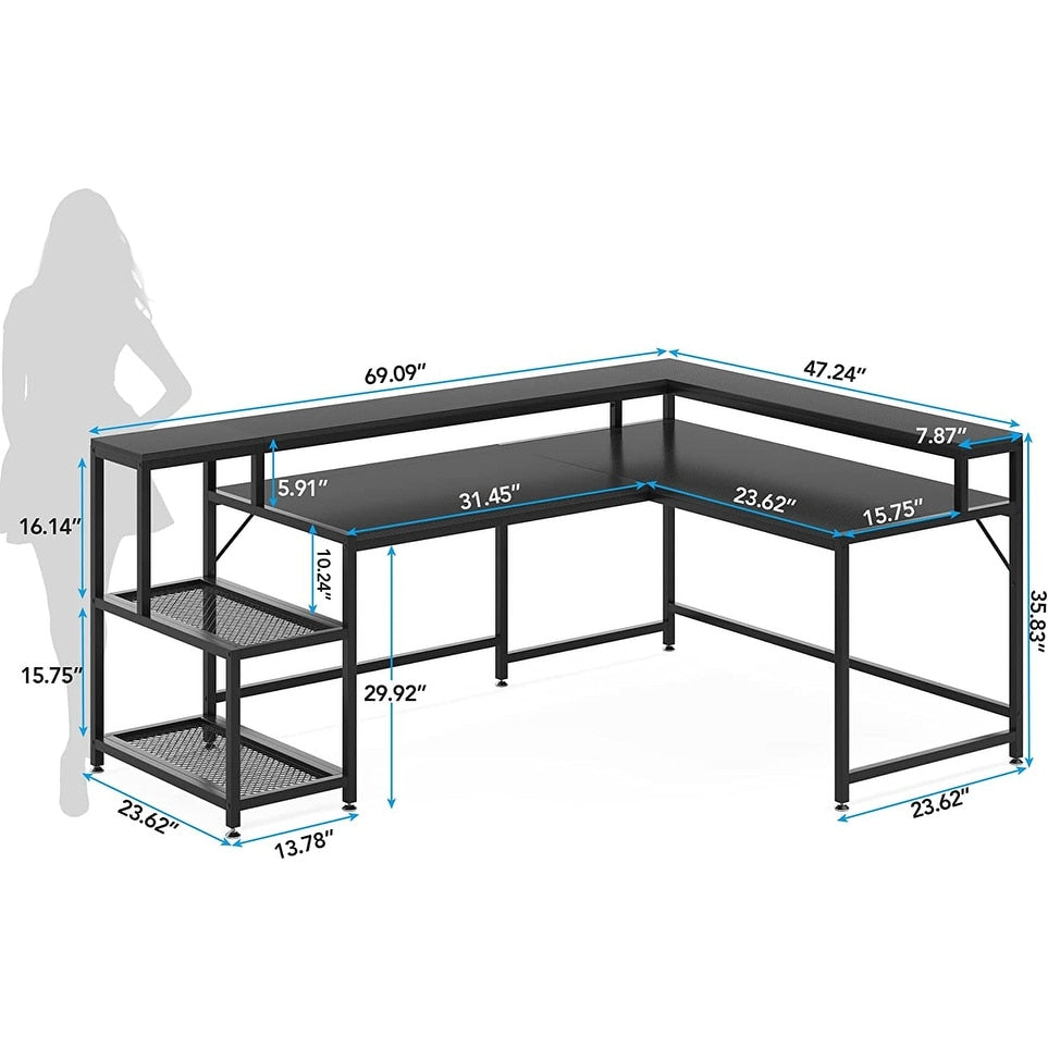 Bureau en L avec étagère pour écran, bureau d'angle réversible pour bureau à domicile 69