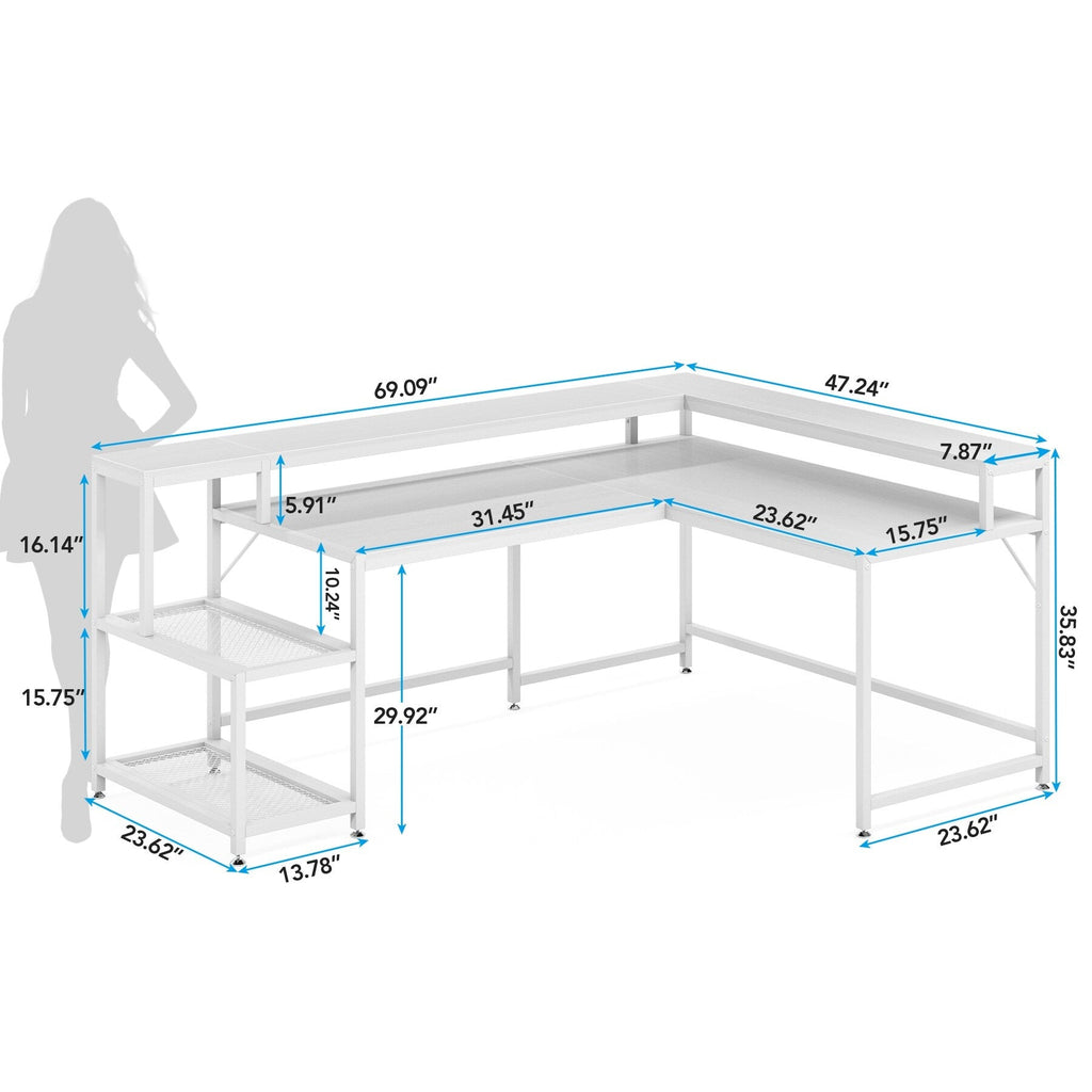 Bureau en L avec étagère pour écran, bureau d'angle réversible pour bureau à domicile 69