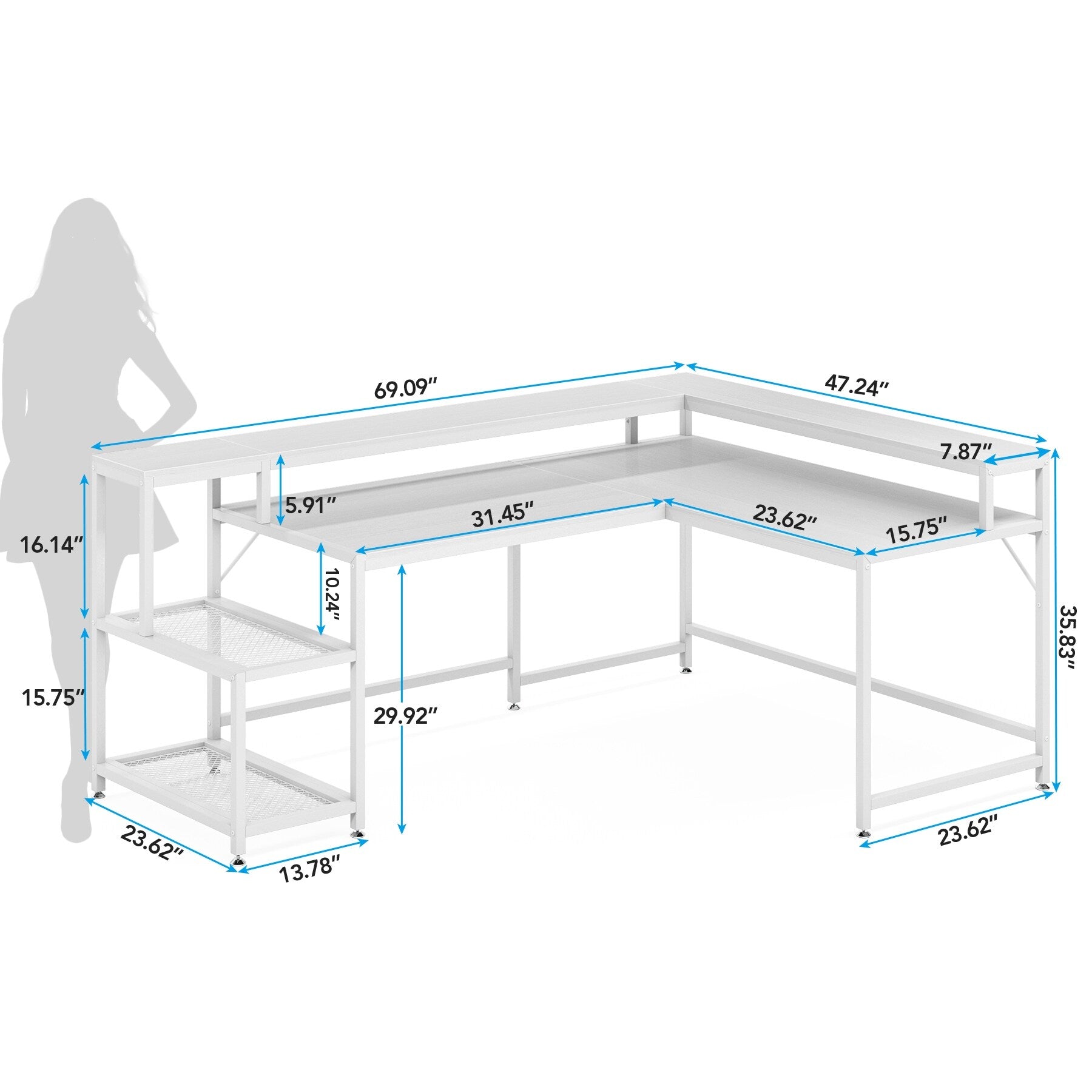 Bureau en L avec étagère pour écran, bureau d'angle réversible pour bureau à domicile 69
