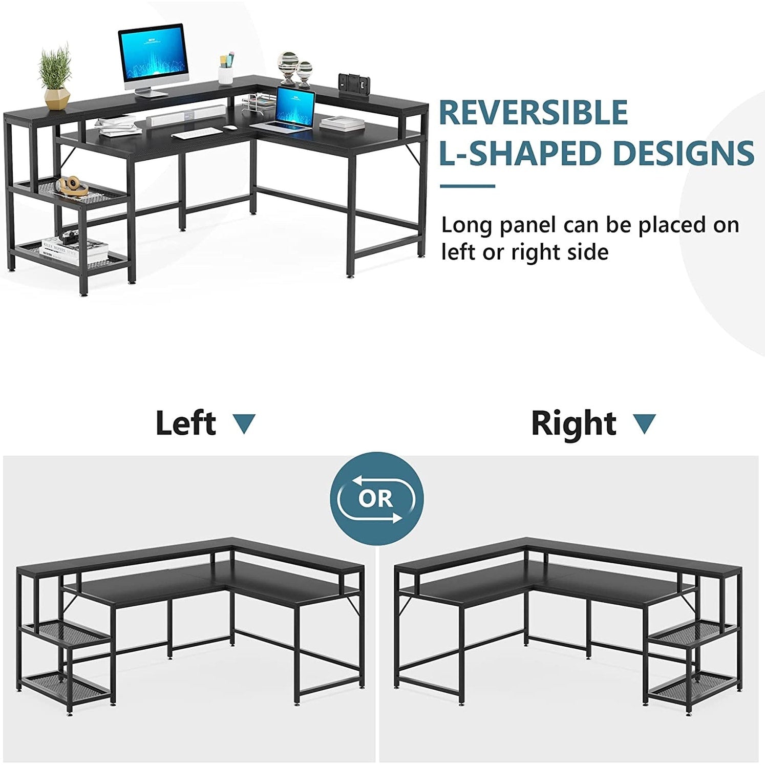 Bureau en L avec étagère pour écran, bureau d'angle réversible pour bureau à domicile 69