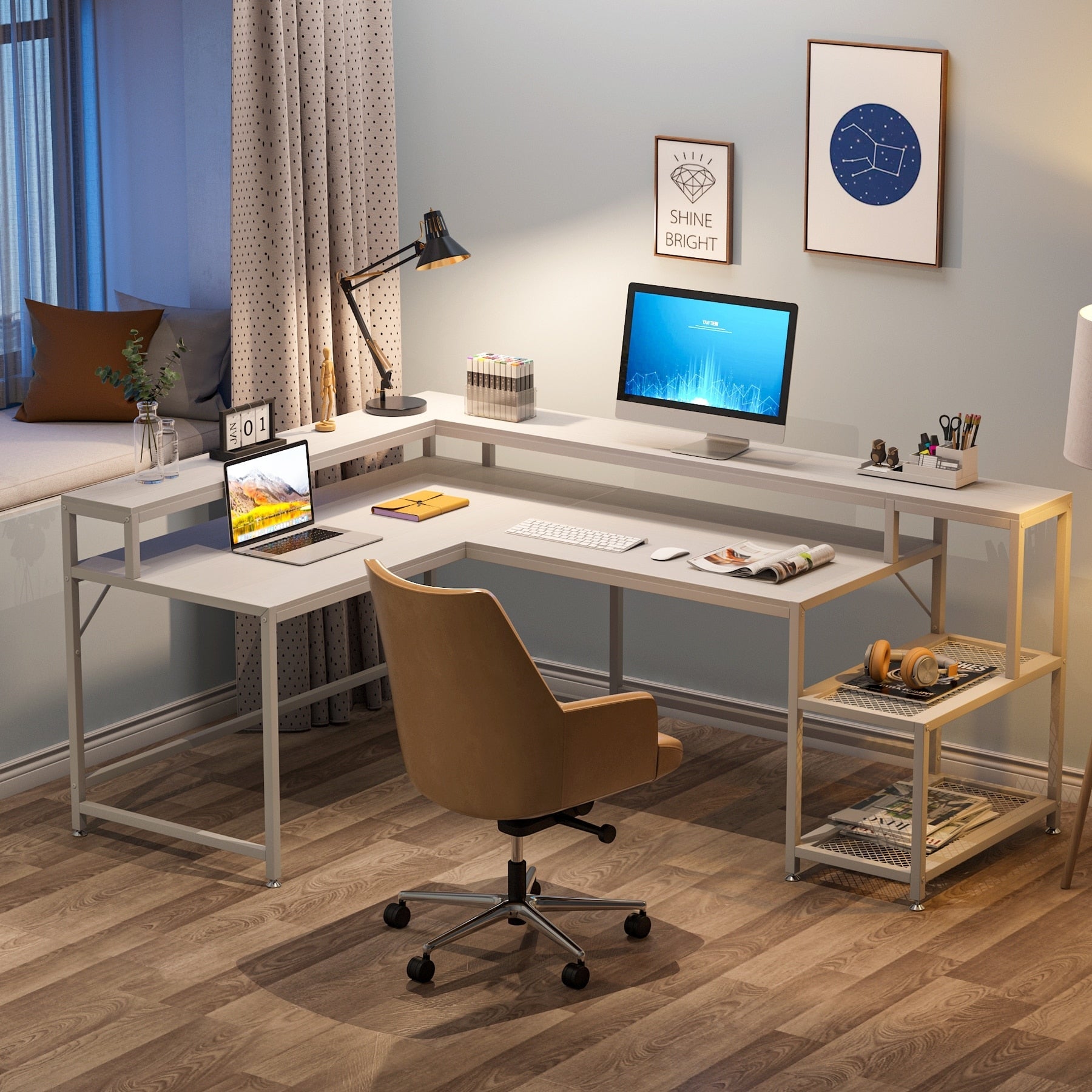 Bureau en L avec étagère pour écran, bureau d'angle réversible pour bureau à domicile 69