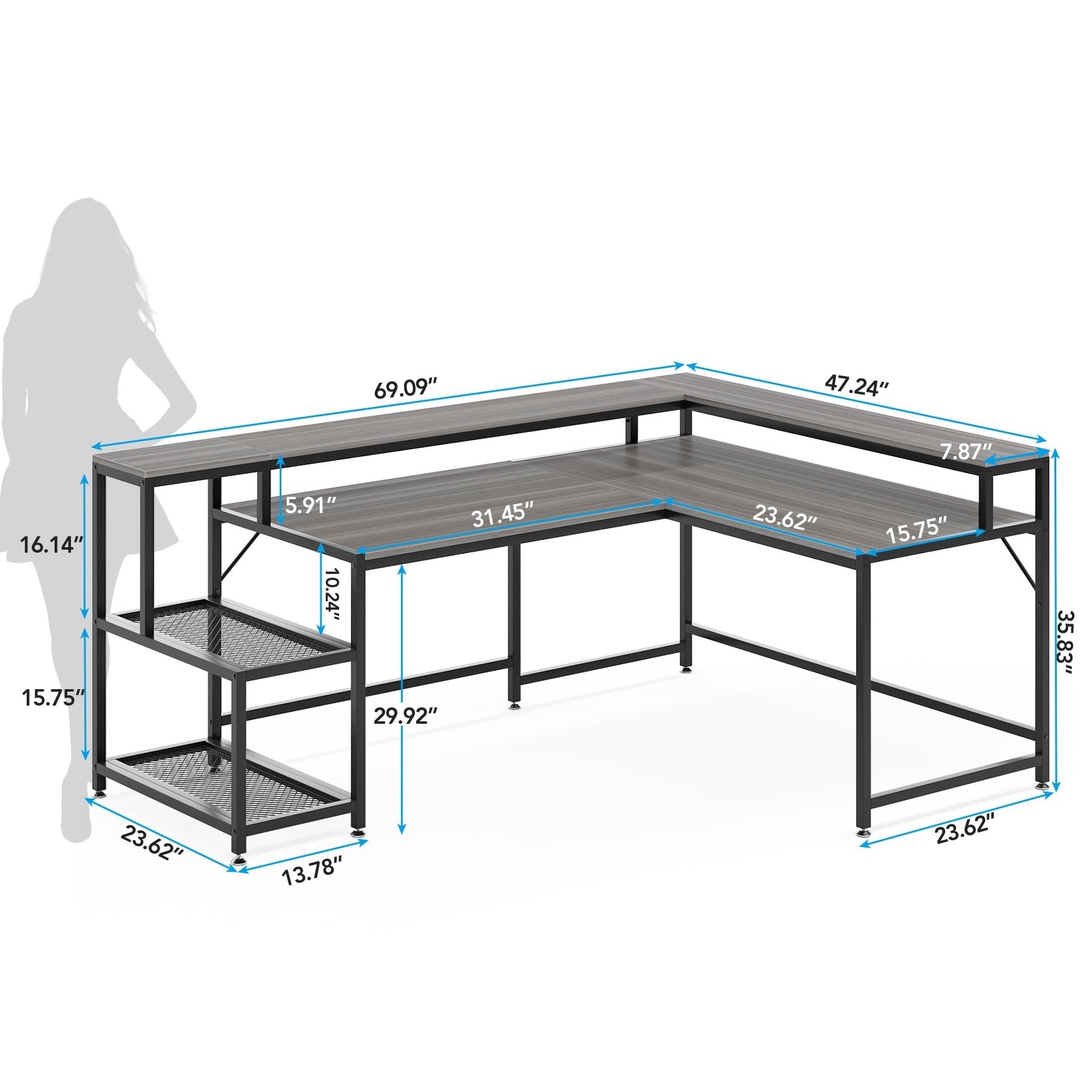 Bureau en L avec étagère pour écran, bureau d'angle réversible pour bureau à domicile 69