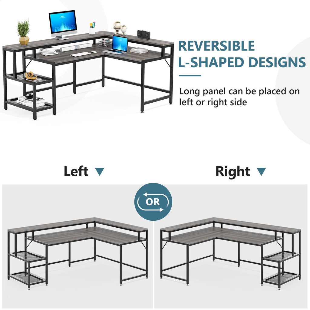 Bureau en L avec étagère pour écran, bureau d'angle réversible pour bureau à domicile 69
