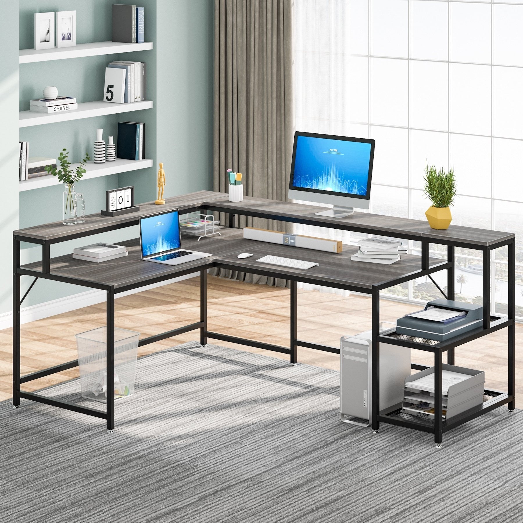 Bureau en L avec étagère pour écran, bureau d'angle réversible pour bureau à domicile 69