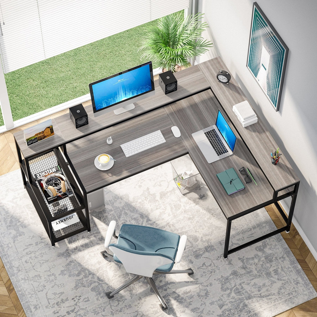 Bureau en L avec étagère pour écran, bureau d'angle réversible pour bureau à domicile 69