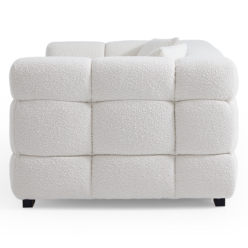 Cushy White Boucle Fabric Tufted Sofa With Ottoman