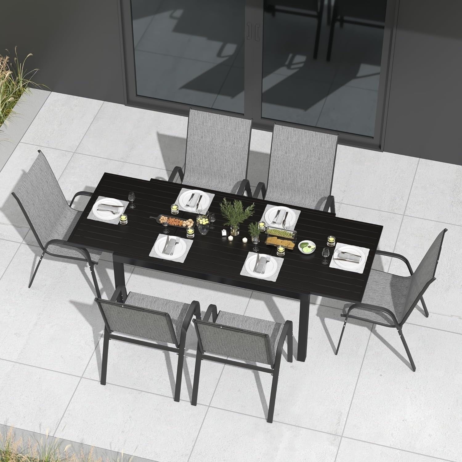 Ensemble de salle à manger de patio 7/11 pièces avec table à manger rectangulaire extensible en aluminium et 6/10 chaises en textilène