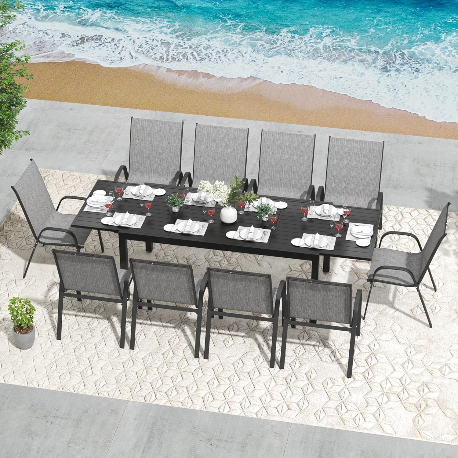 Ensemble de salle à manger de patio 7/11 pièces avec table à manger rectangulaire extensible en aluminium et 6/10 chaises en textilène