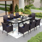 Ensemble de salle à manger de patio 7/9, table à manger rectangulaire extensible avec chaises en rotin