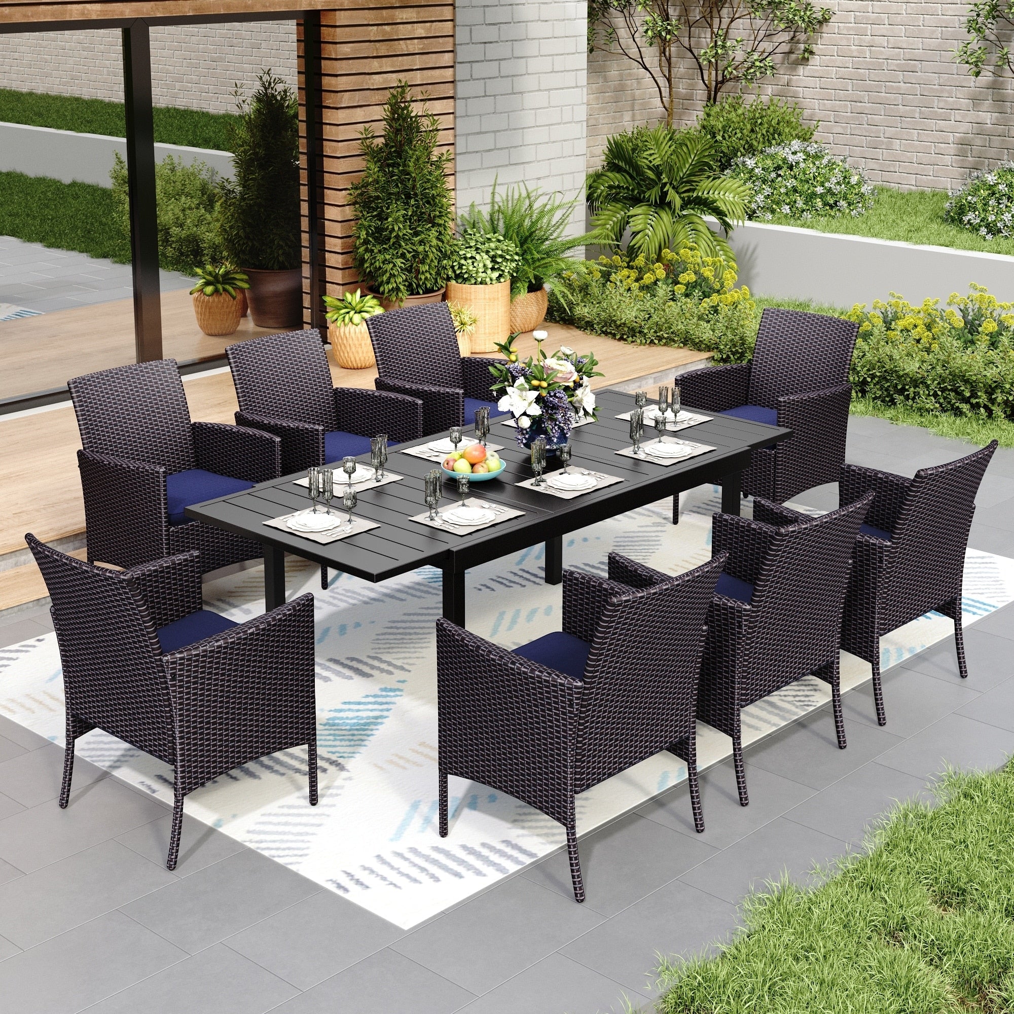 Ensemble de salle à manger de patio 7/9, table à manger rectangulaire extensible avec chaises en rotin