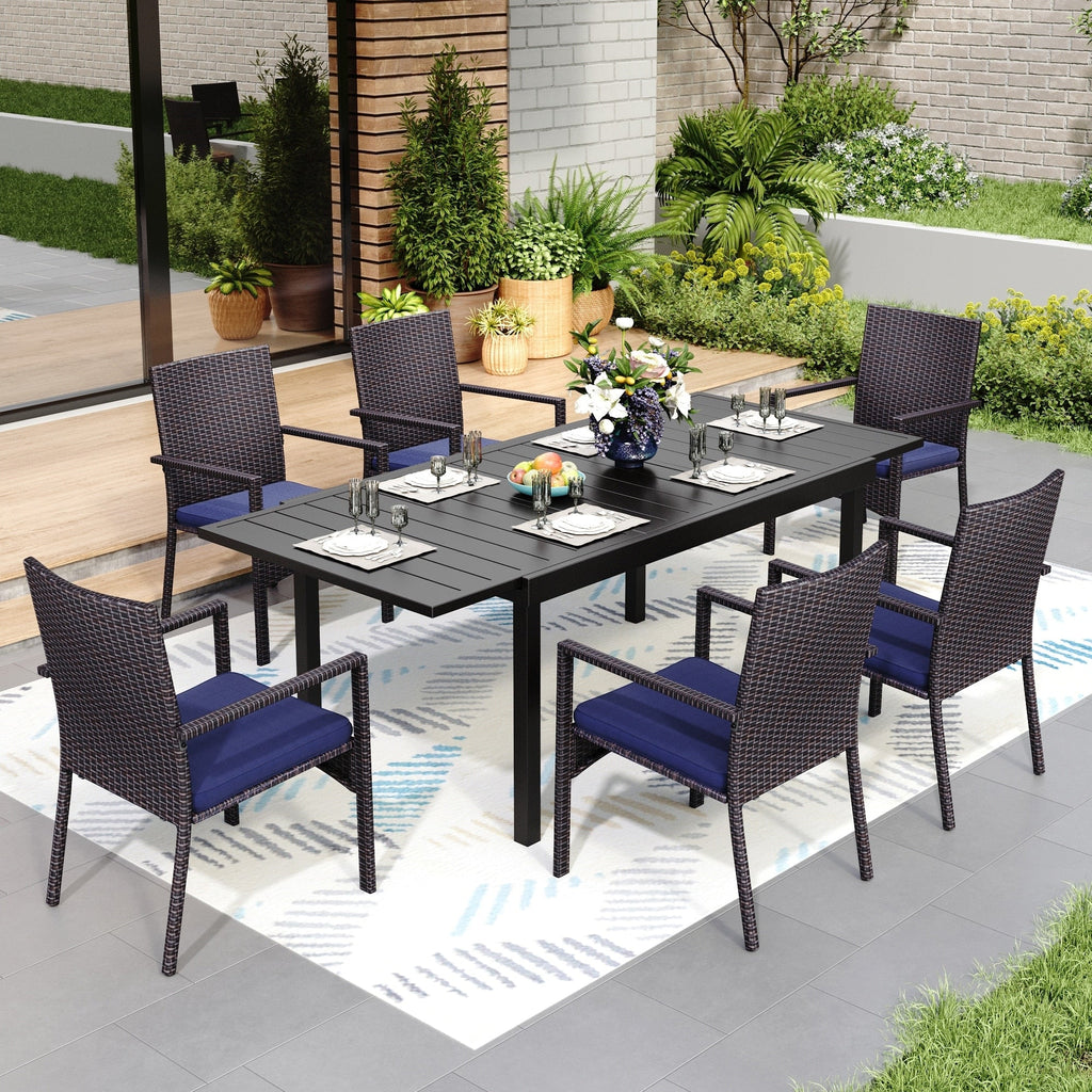 Ensemble de salle à manger de patio 7/9, table à manger rectangulaire extensible avec chaises en rotin