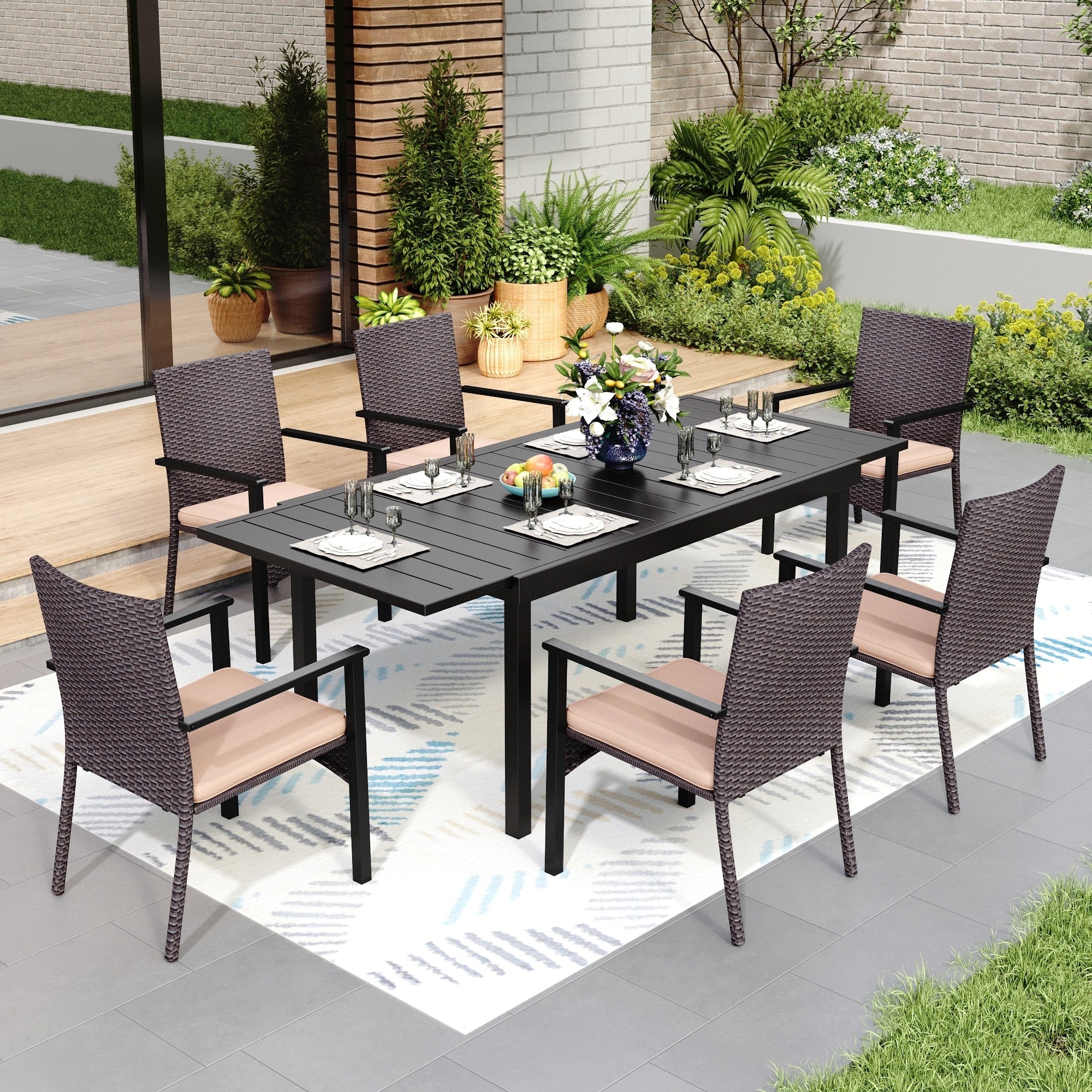 Ensemble de salle à manger de patio 7/9, table à manger rectangulaire extensible avec chaises en rotin