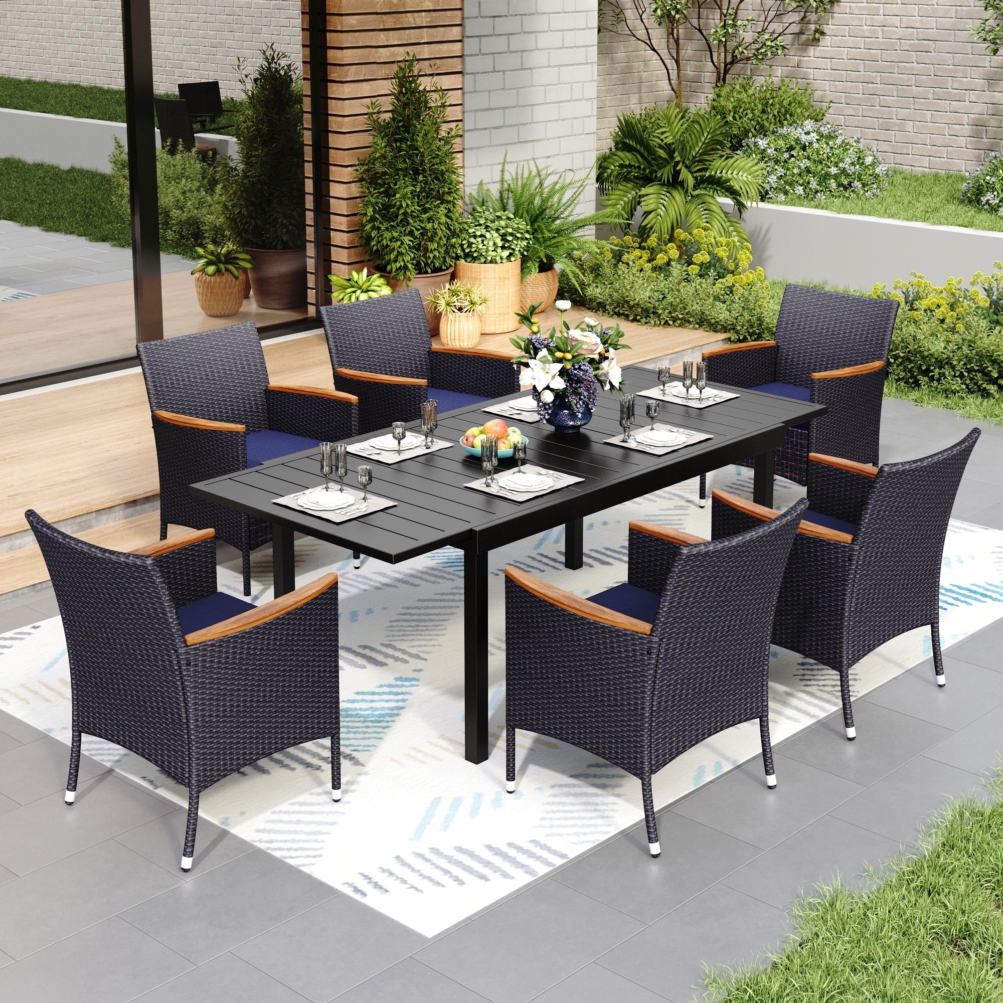 Ensemble de salle à manger de patio 7/9, table à manger rectangulaire extensible avec chaises en rotin