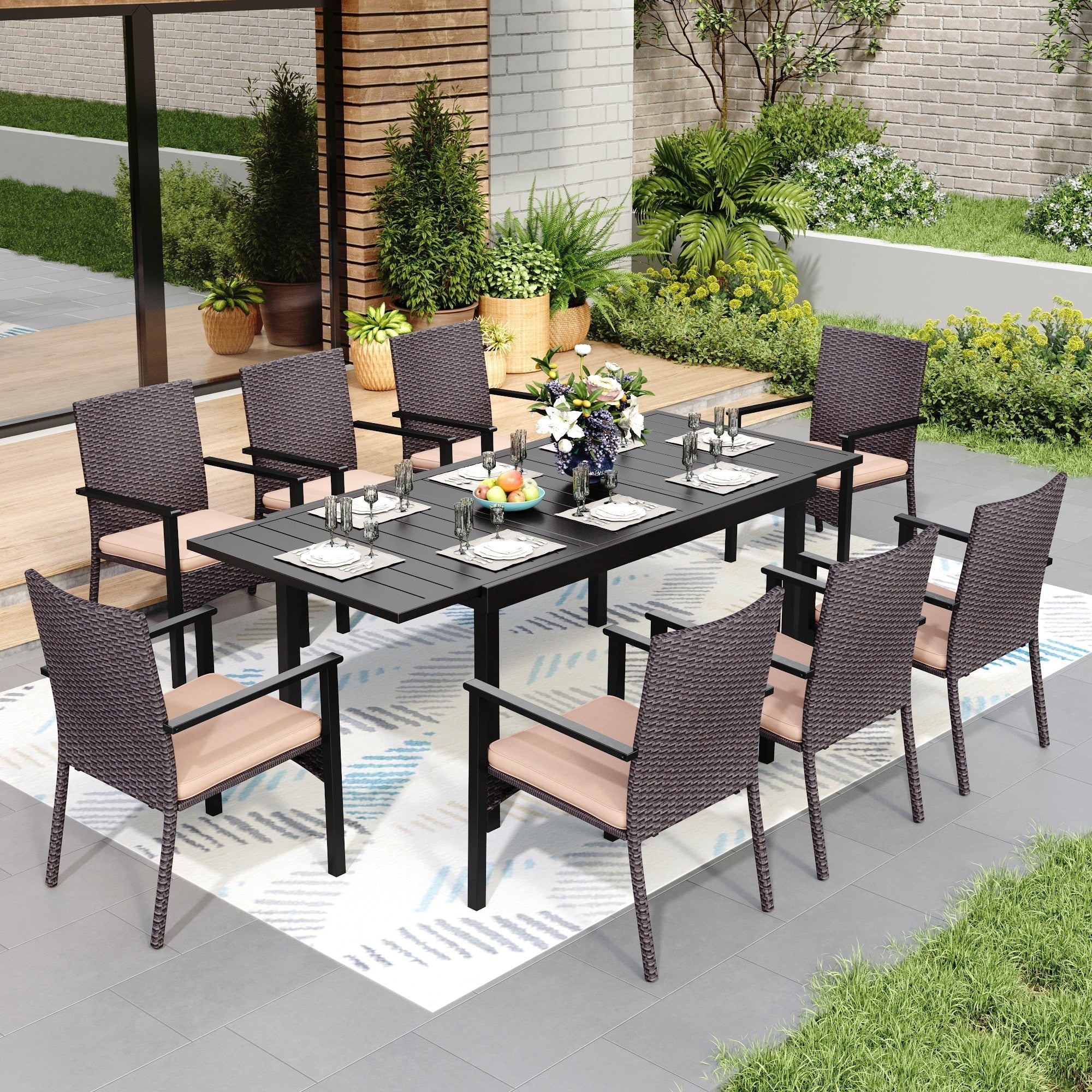 Ensemble de salle à manger de patio 7/9, table à manger rectangulaire extensible avec chaises en rotin