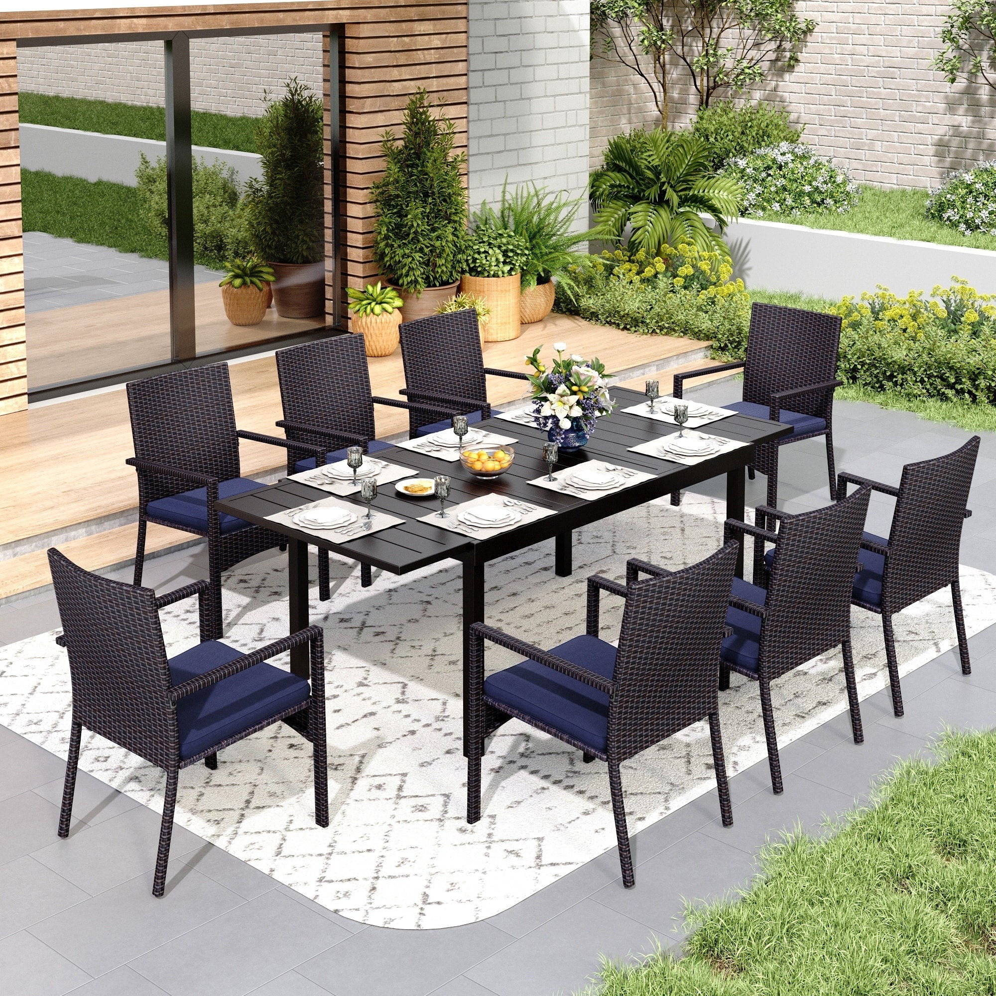 Ensemble de salle à manger de patio 7/9, table à manger rectangulaire extensible avec chaises en rotin