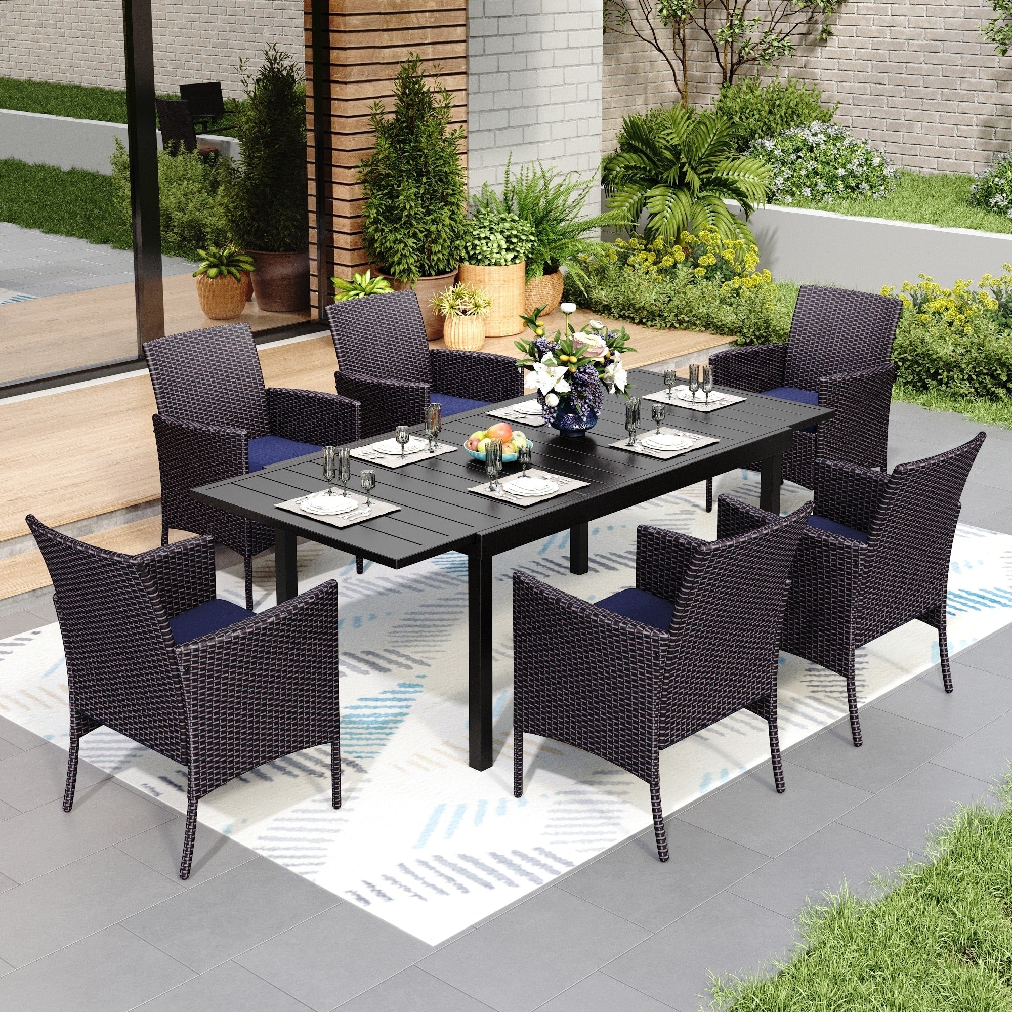 Ensemble de salle à manger de patio 7/9, table à manger rectangulaire extensible avec chaises en rotin