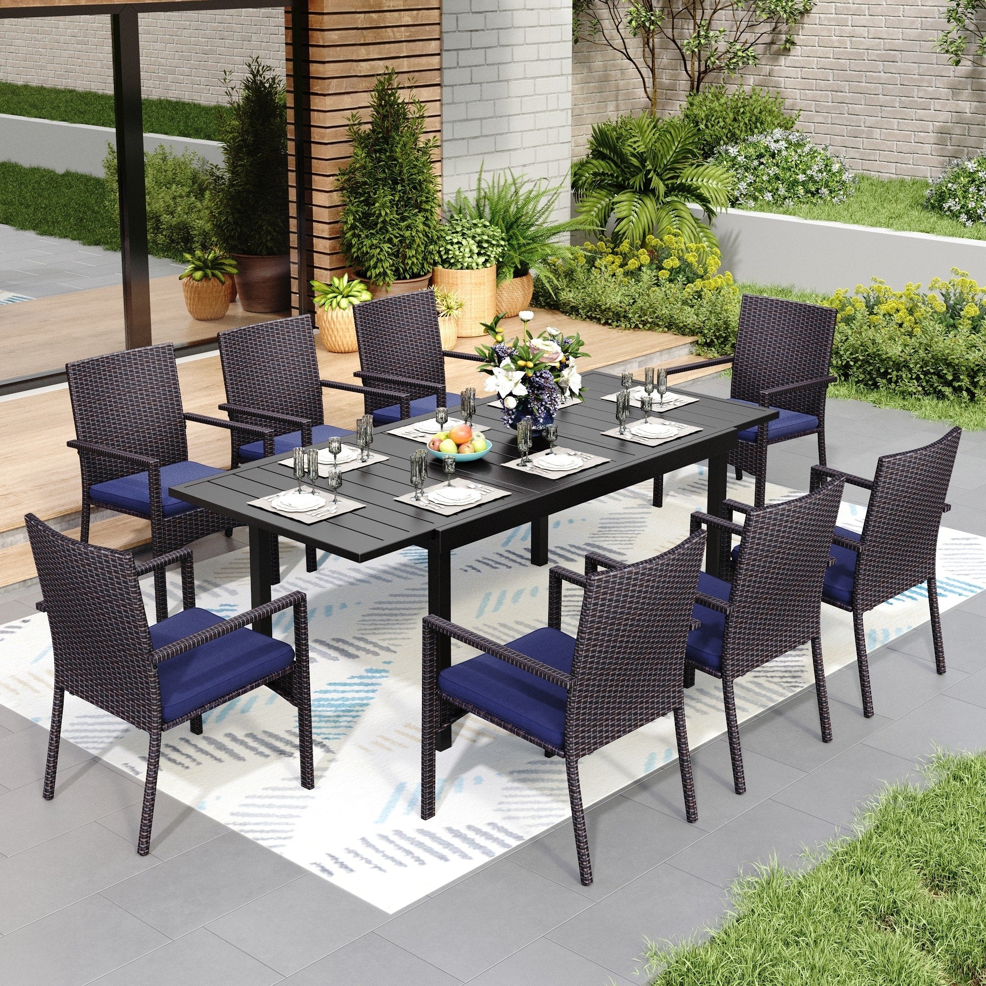 Ensemble de salle à manger de patio 7/9, table à manger rectangulaire extensible avec chaises en rotin