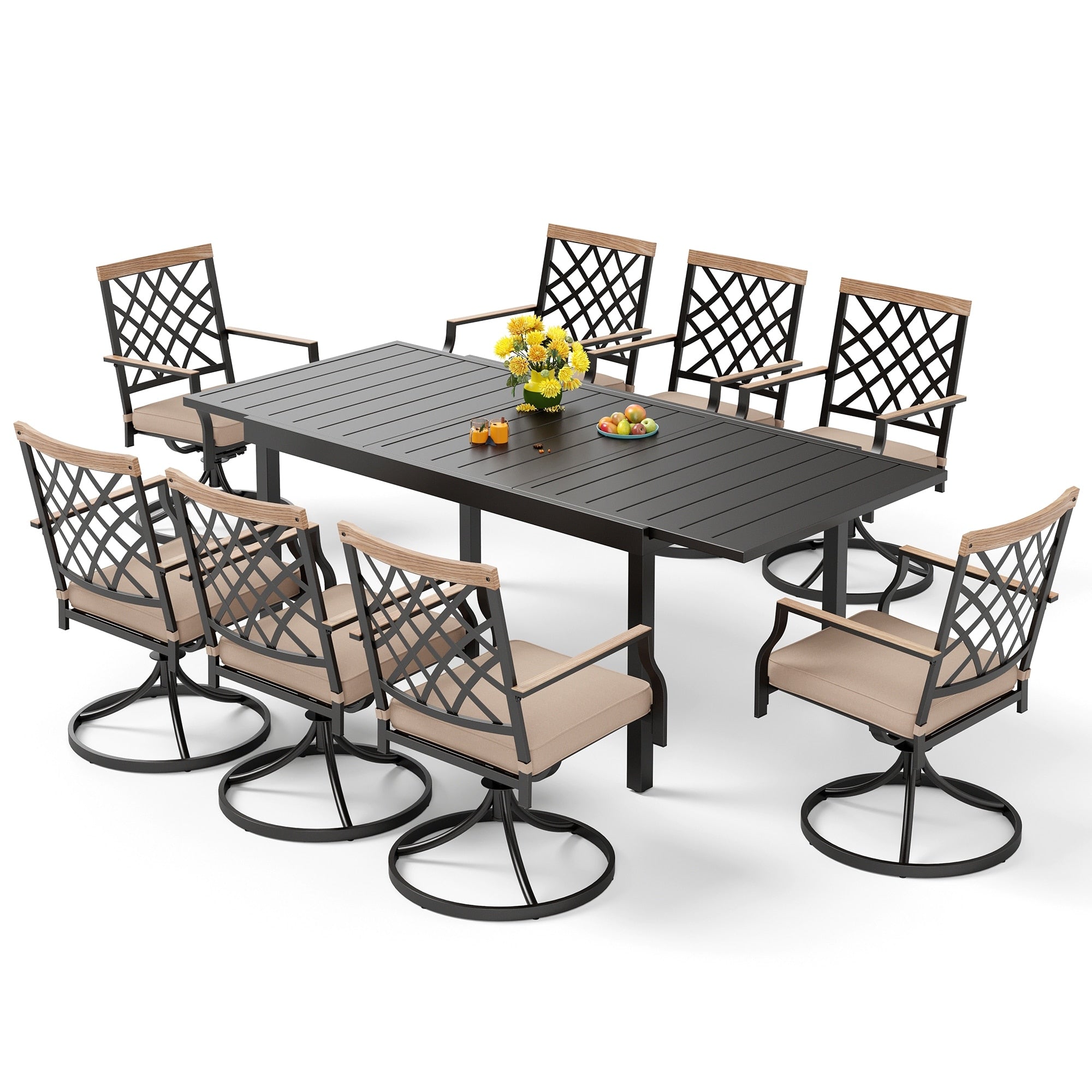 Ensemble de salle à manger d'extérieur MAISON ARTS 7/9 pièces, 6/8 chaises pivotantes en métal, 1 table rectangulaire extensible