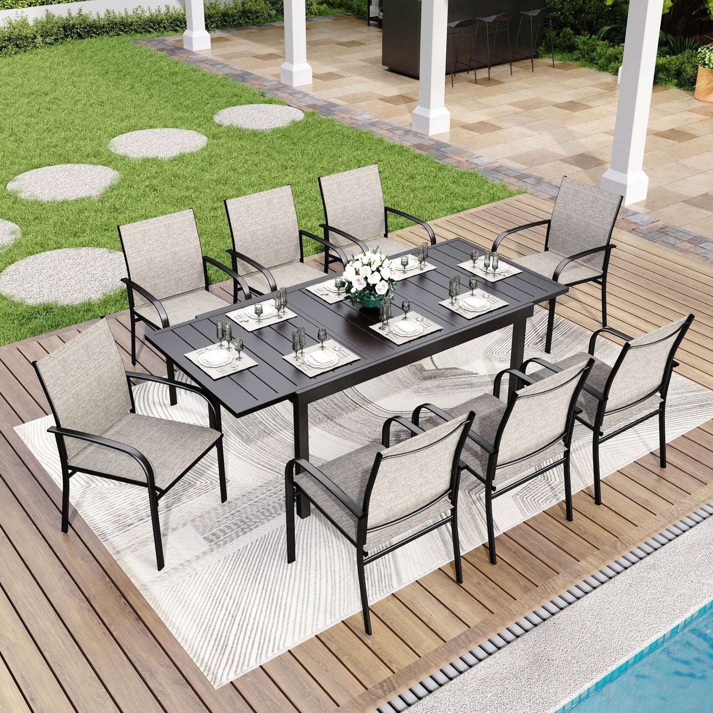 Ensemble de salle à manger de patio MAISON ARTS 7/9 pièces avec table rectangulaire extensible en métal et 6/8 chaises en textilène