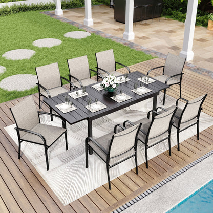 Ensemble de salle à manger de patio MAISON ARTS 7/9 pièces avec table rectangulaire extensible en métal et 6/8 chaises en textilène