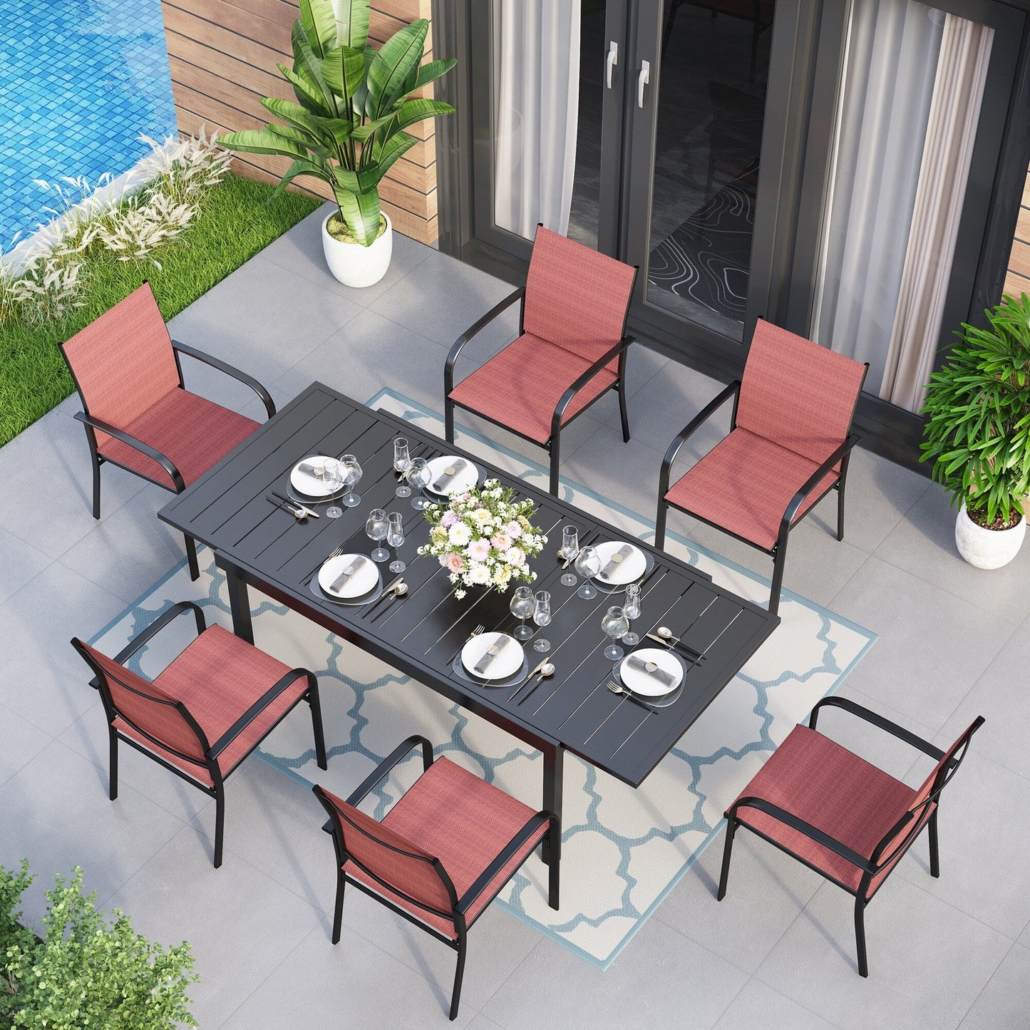 Ensemble de salle à manger de patio MAISON ARTS 7/9 pièces avec table rectangulaire extensible en métal et 6/8 chaises en textilène