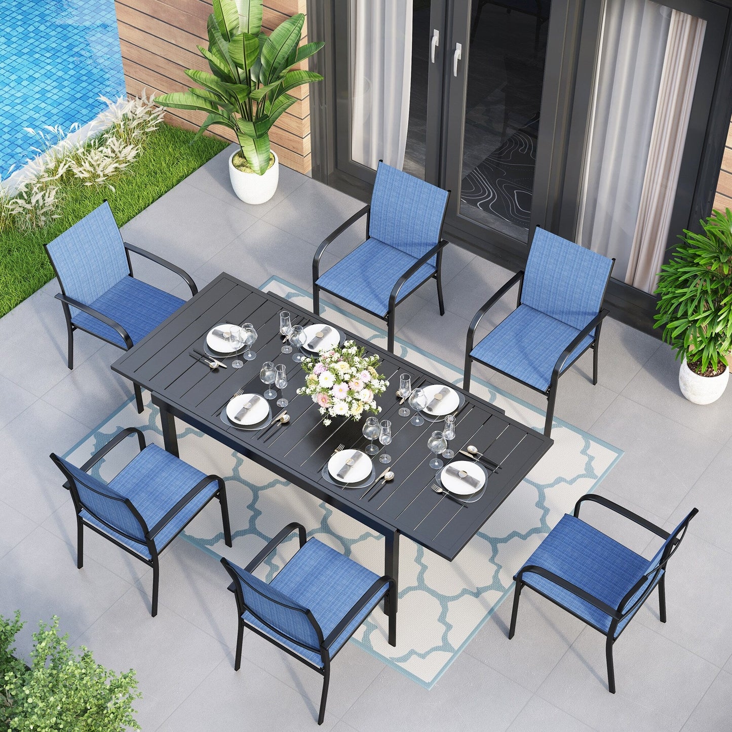 Ensemble de salle à manger de patio MAISON ARTS 7/9 pièces avec table rectangulaire extensible en métal et 6/8 chaises en textilène