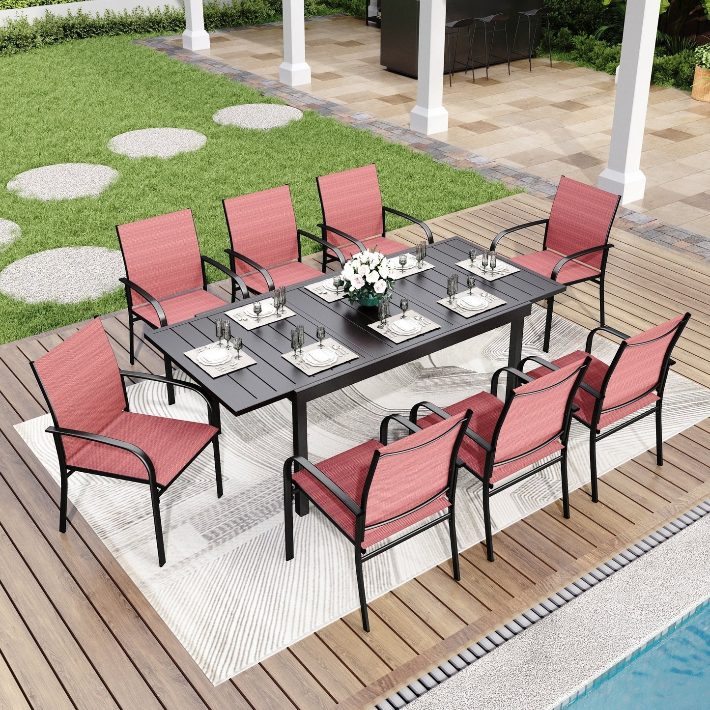 Ensemble de salle à manger de patio MAISON ARTS 7/9 pièces avec table rectangulaire extensible en métal et 6/8 chaises en textilène