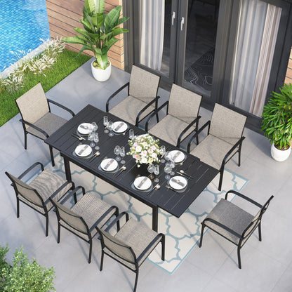Ensemble de salle à manger de patio MAISON ARTS 7/9 pièces avec table rectangulaire extensible en métal et 6/8 chaises en textilène