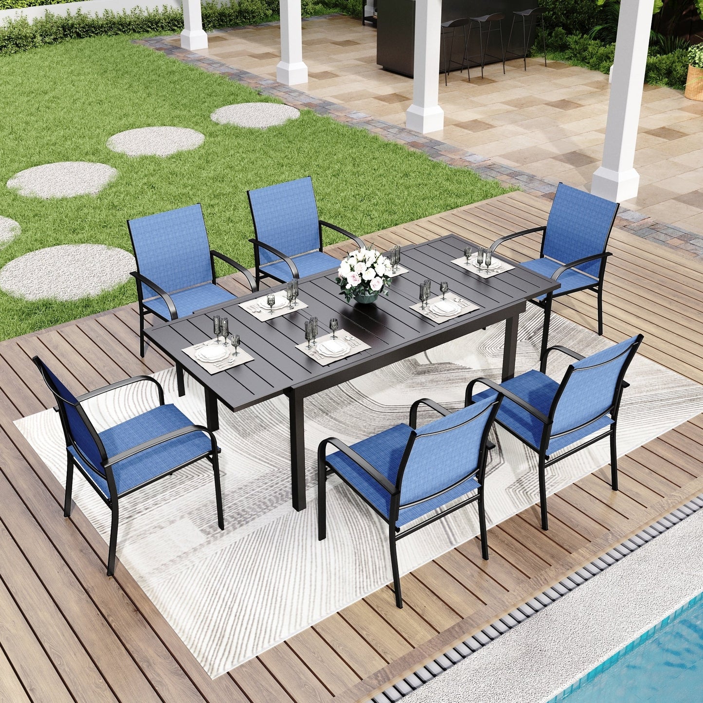 Ensemble de salle à manger de patio MAISON ARTS 7/9 pièces avec table rectangulaire extensible en métal et 6/8 chaises en textilène