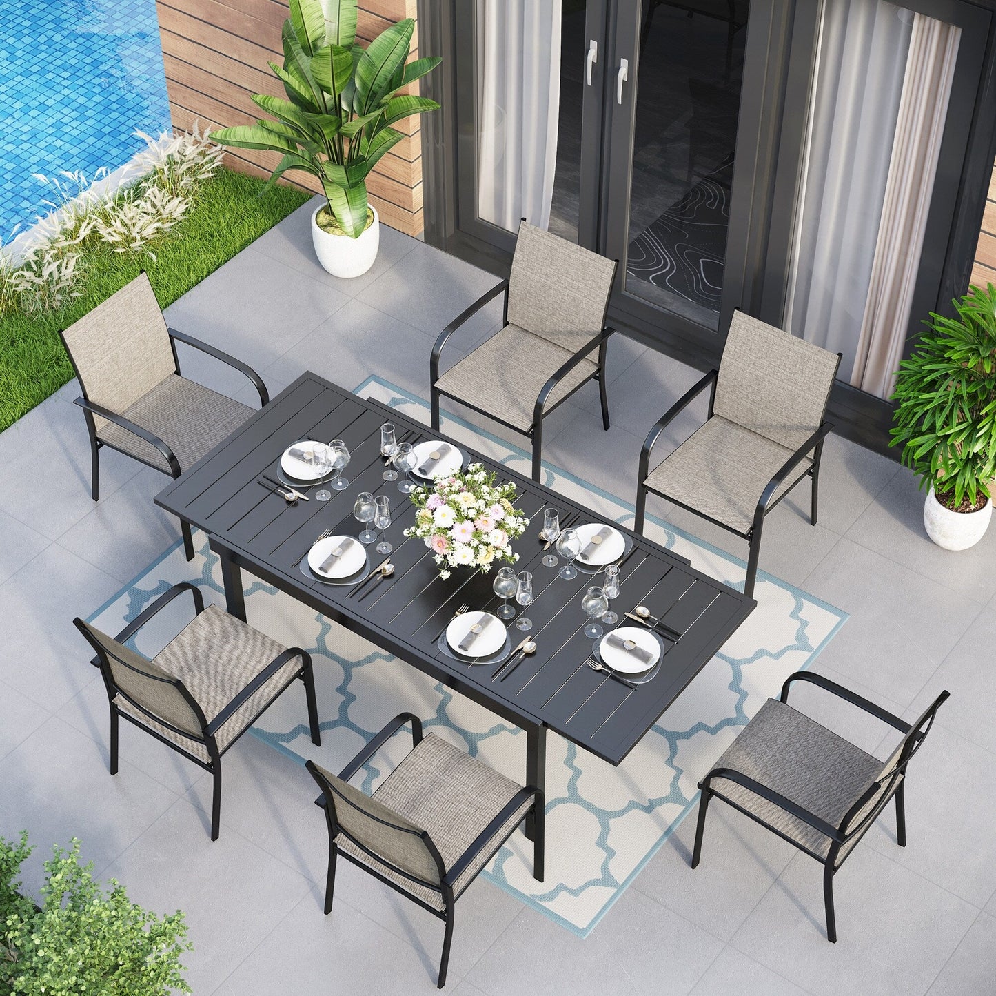 Ensemble de salle à manger de patio MAISON ARTS 7/9 pièces avec table rectangulaire extensible en métal et 6/8 chaises en textilène