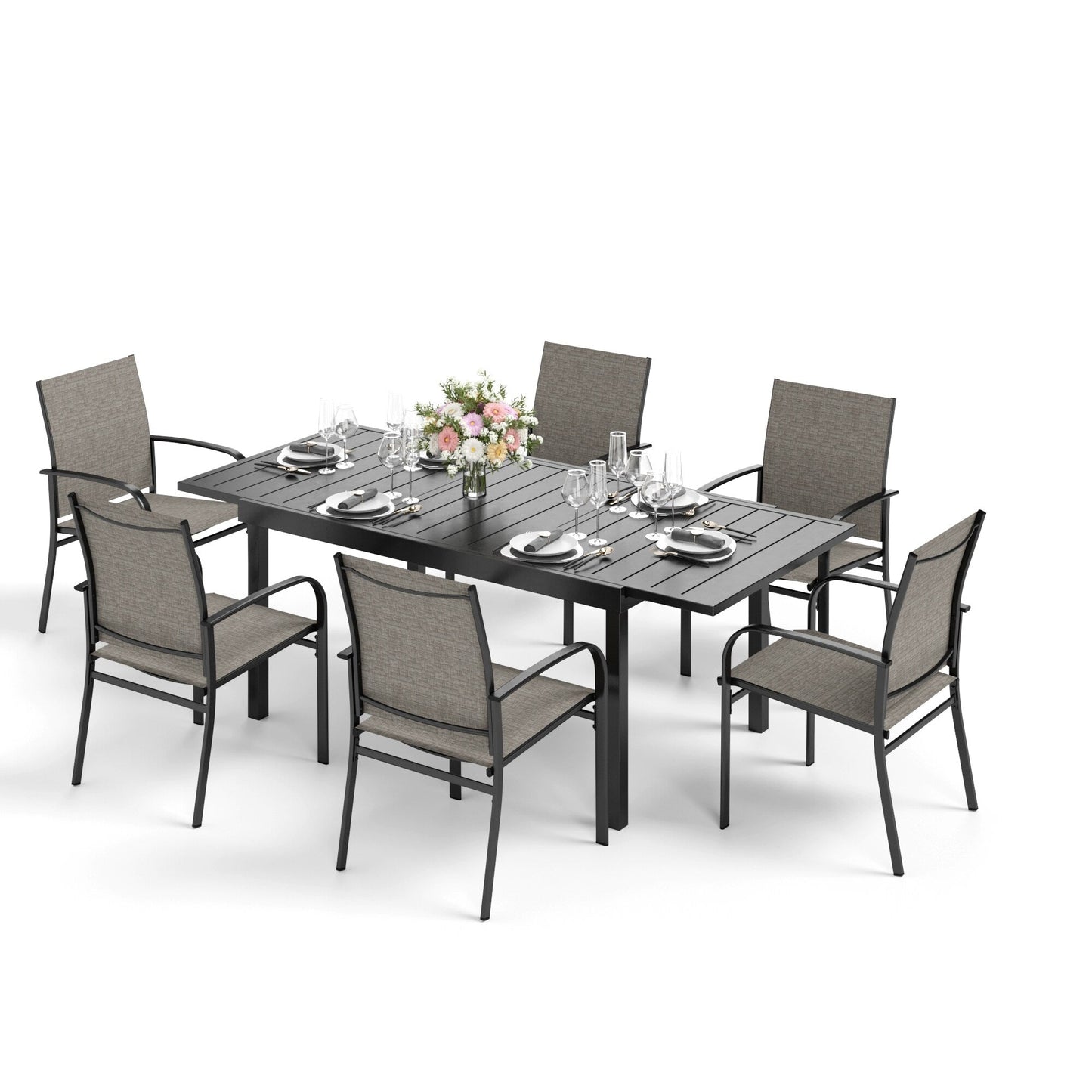 Ensemble de salle à manger de patio MAISON ARTS 7/9 pièces avec table rectangulaire extensible en métal et 6/8 chaises en textilène