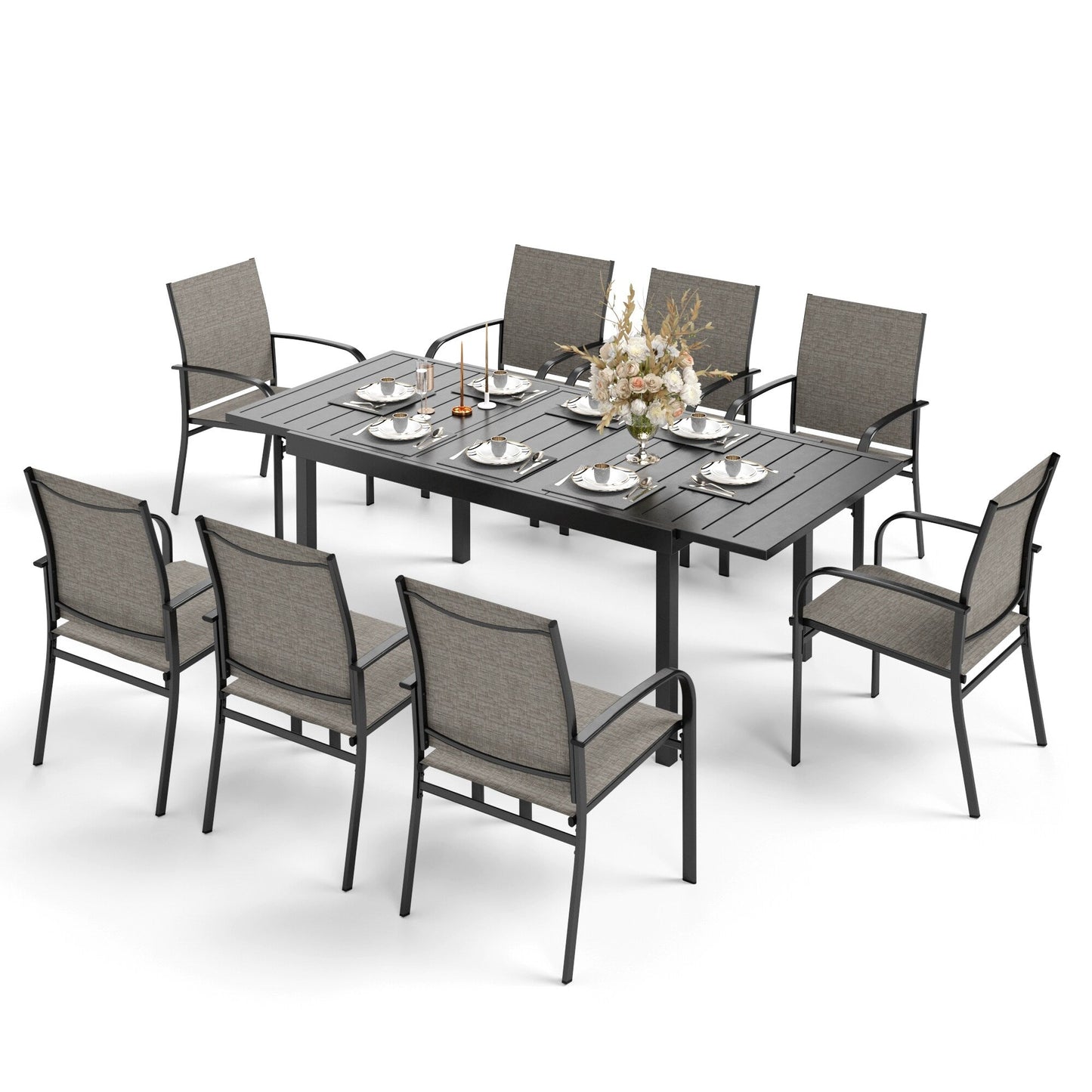 Ensemble de salle à manger de patio MAISON ARTS 7/9 pièces avec table rectangulaire extensible en métal et 6/8 chaises en textilène
