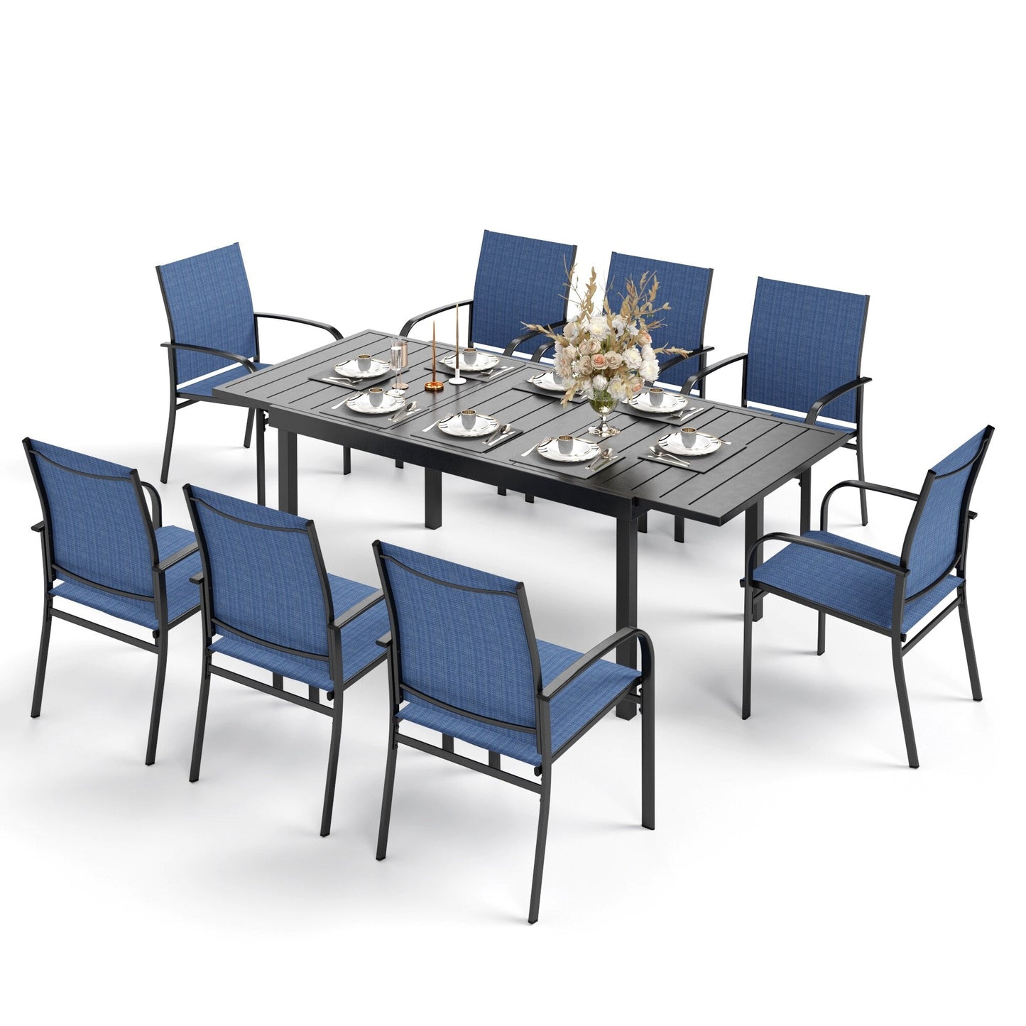 Ensemble de salle à manger de patio MAISON ARTS 7/9 pièces avec table rectangulaire extensible en métal et 6/8 chaises en textilène
