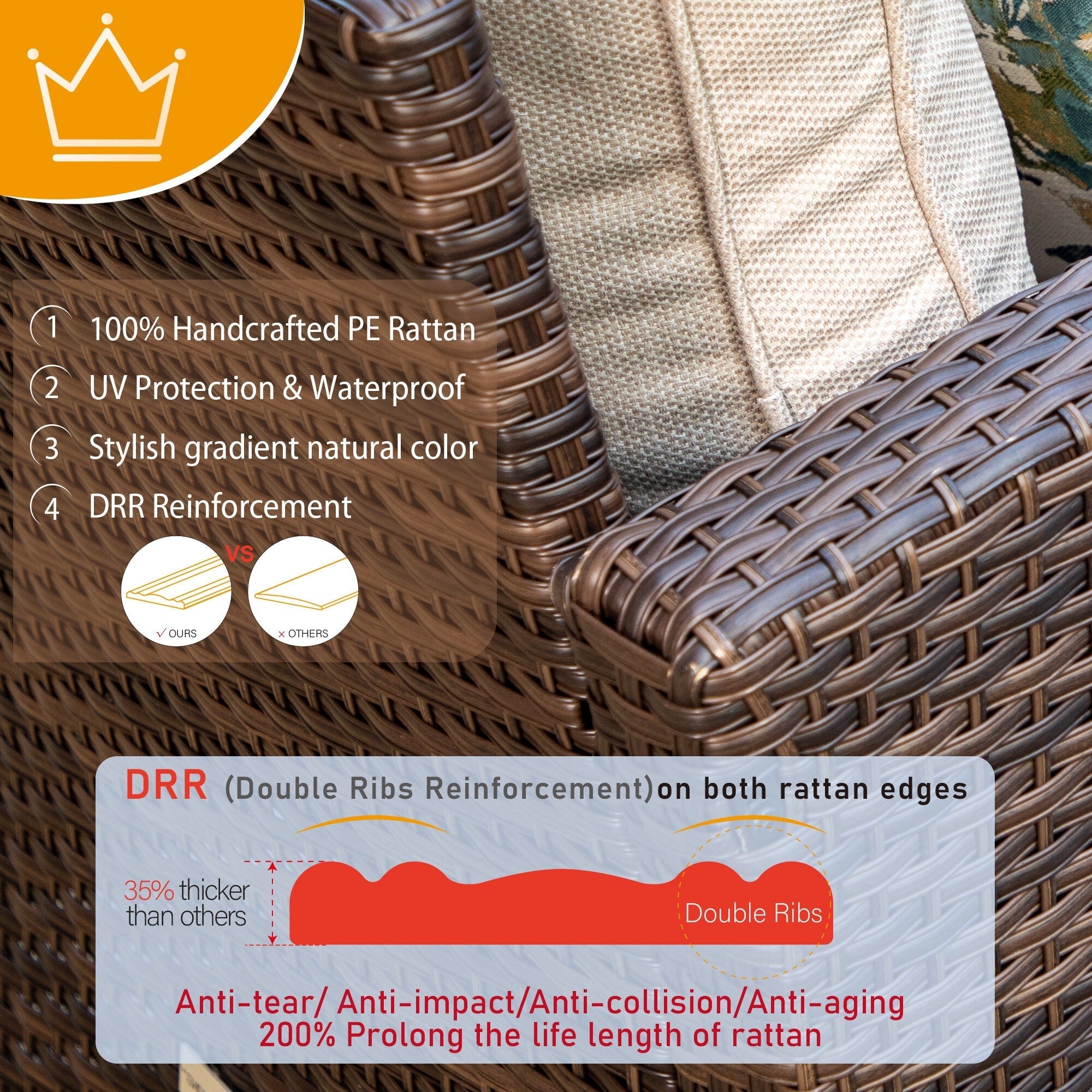 Ensemble de salon de jardin 7/9 places en rotin et osier avec canapé sectionnel à dossier haut et table pour foyer