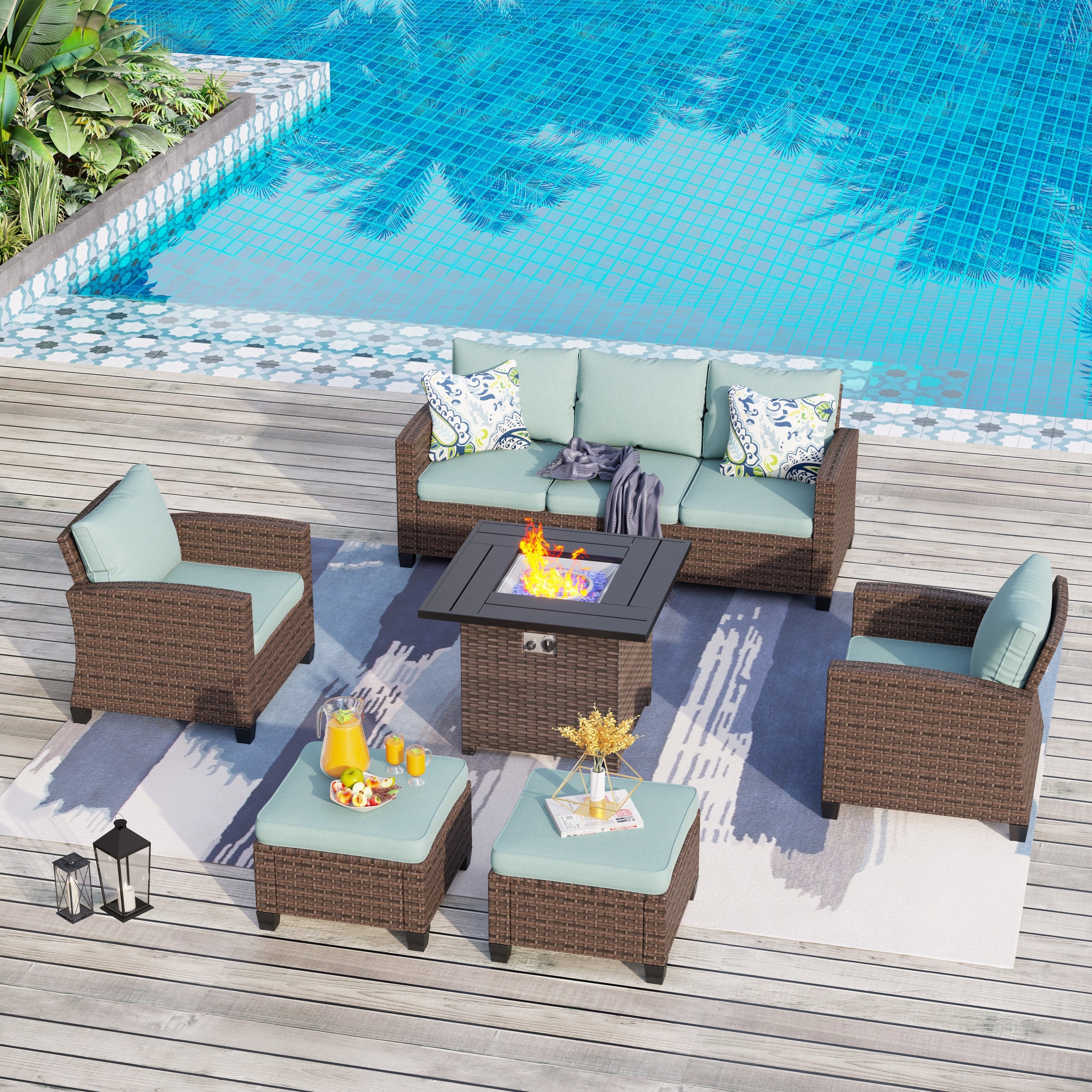 Ensemble de salon de jardin 7/9 places en rotin et osier avec canapé sectionnel à dossier haut et table pour foyer