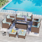 Ensemble de salon de jardin 7/9 places en rotin et osier avec canapé sectionnel à dossier haut et table pour foyer