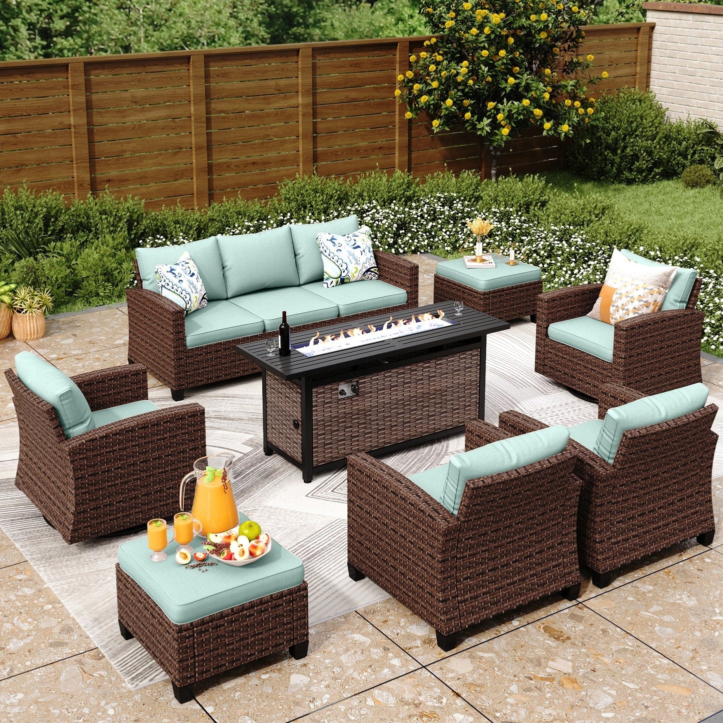 Ensemble de salon de jardin 7/9 places en rotin et osier avec canapé sectionnel à dossier haut et table pour foyer