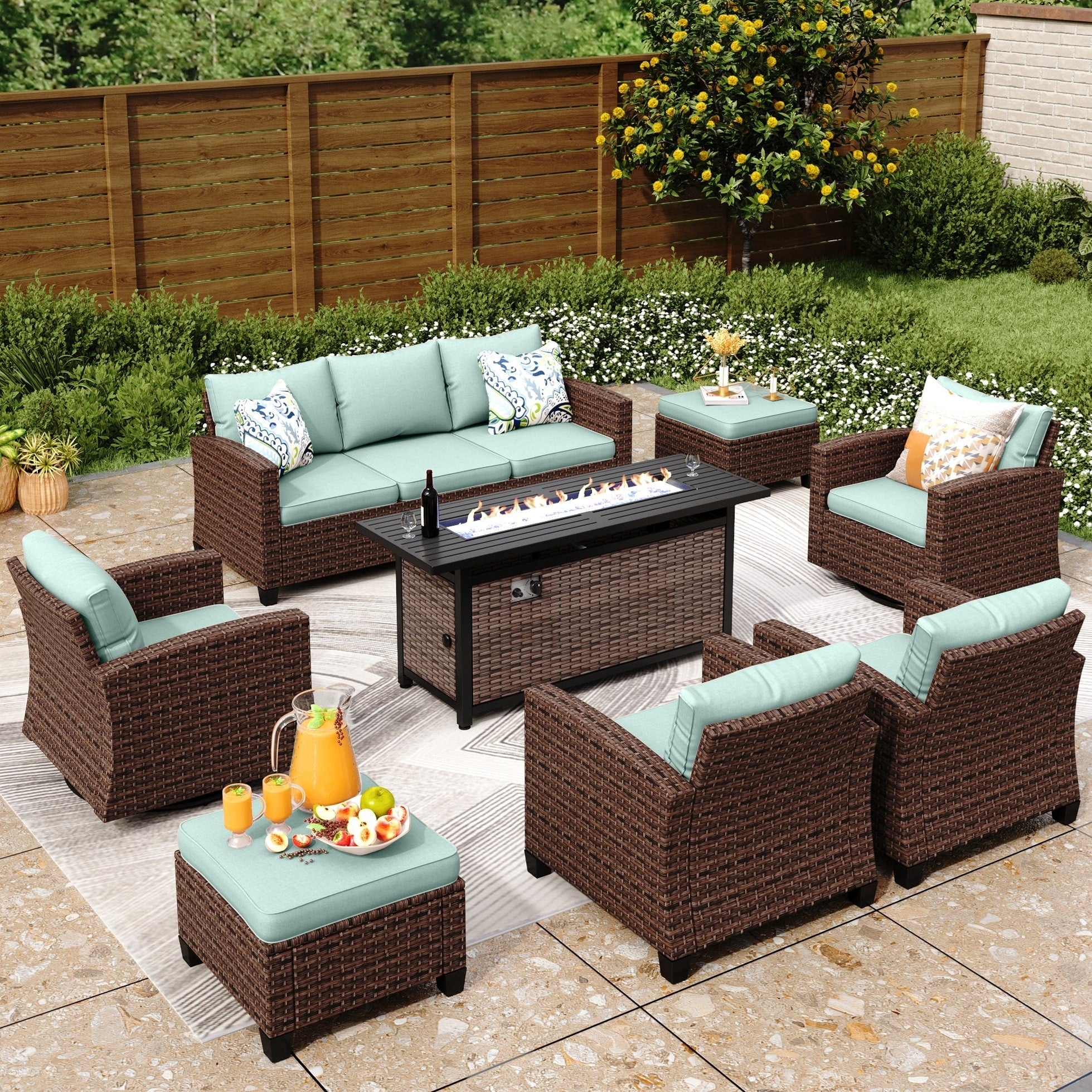 Ensemble de salon de jardin 7/9 places en rotin et osier avec canapé sectionnel à dossier haut et table pour foyer