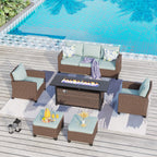 Ensemble de salon de jardin 7/9 places en rotin et osier avec canapé sectionnel à dossier haut et table pour foyer