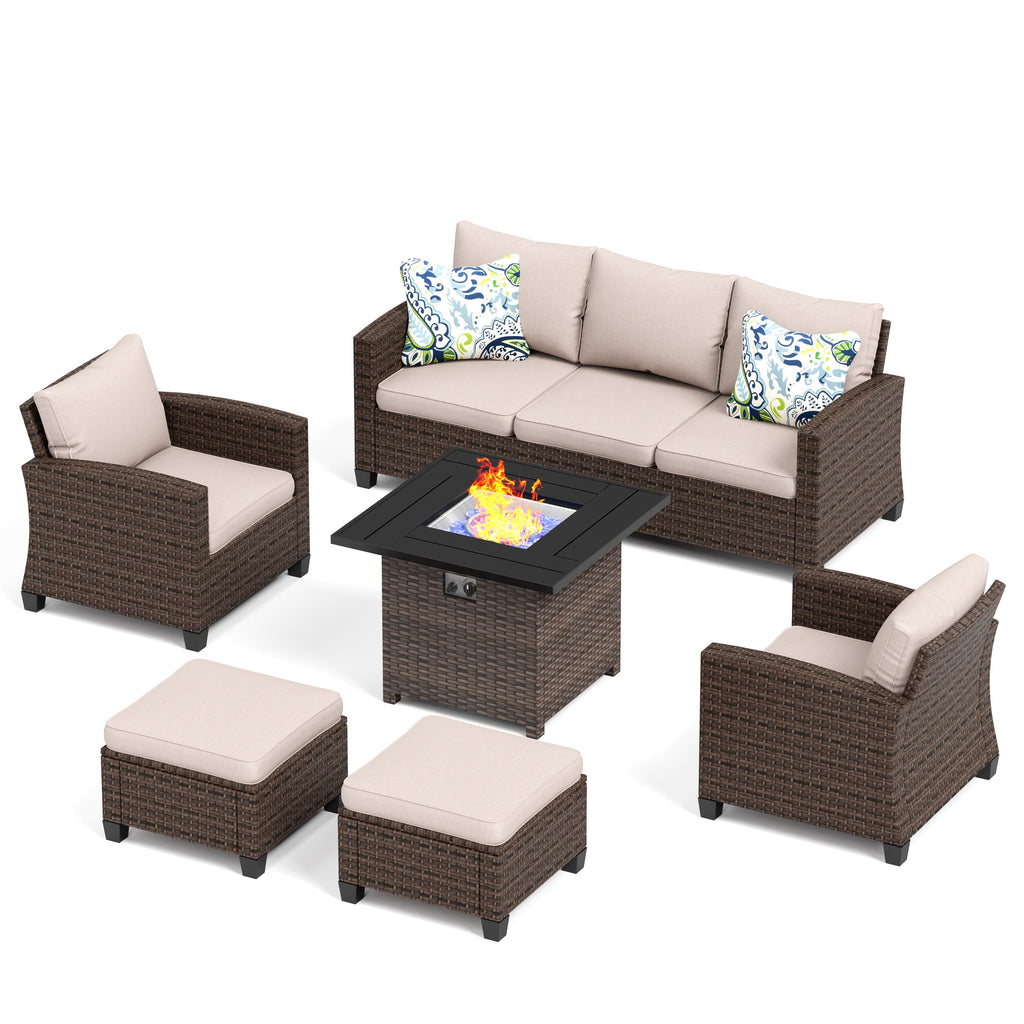 Ensemble de salon de jardin 7/9 places en rotin et osier avec canapé sectionnel à dossier haut et table pour foyer