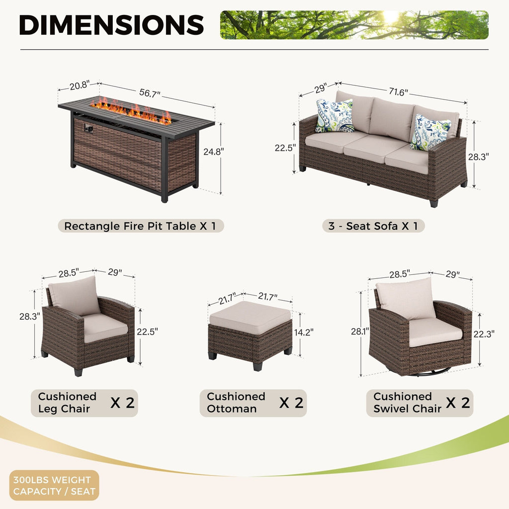 Ensemble de salon de jardin 7/9 places en rotin et osier avec canapé sectionnel à dossier haut et table pour foyer
